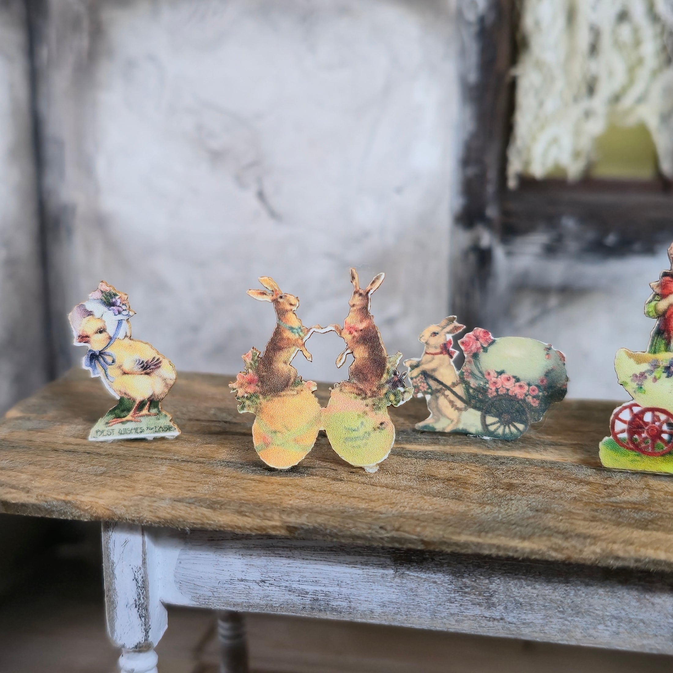 Miniature Antique & Vintage Easter Card Cutouts with Wood Stands (Set of Eight)