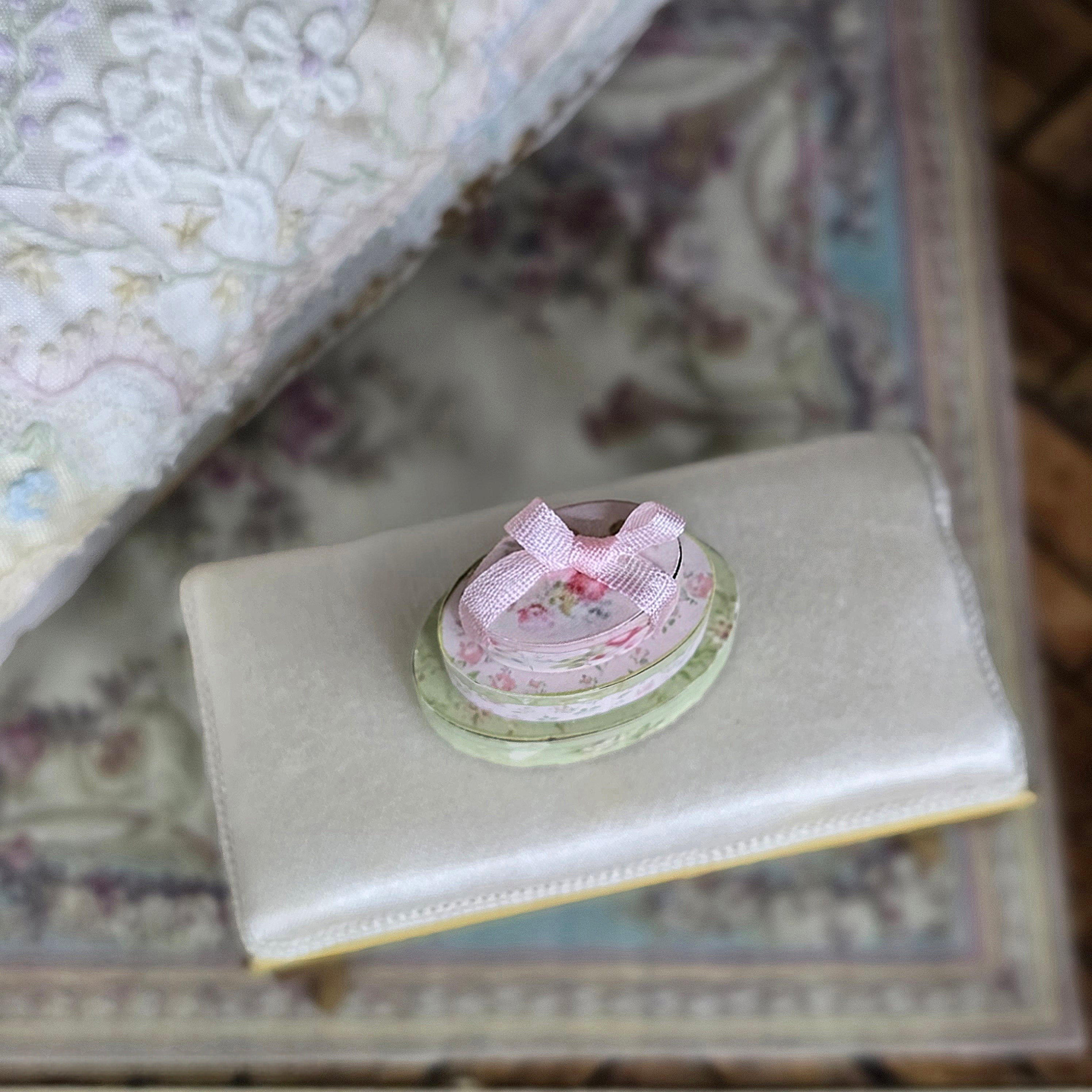 Stacked Floral Decorative Oval Boxes with Pink Silk Ribbon Vintage Artisan