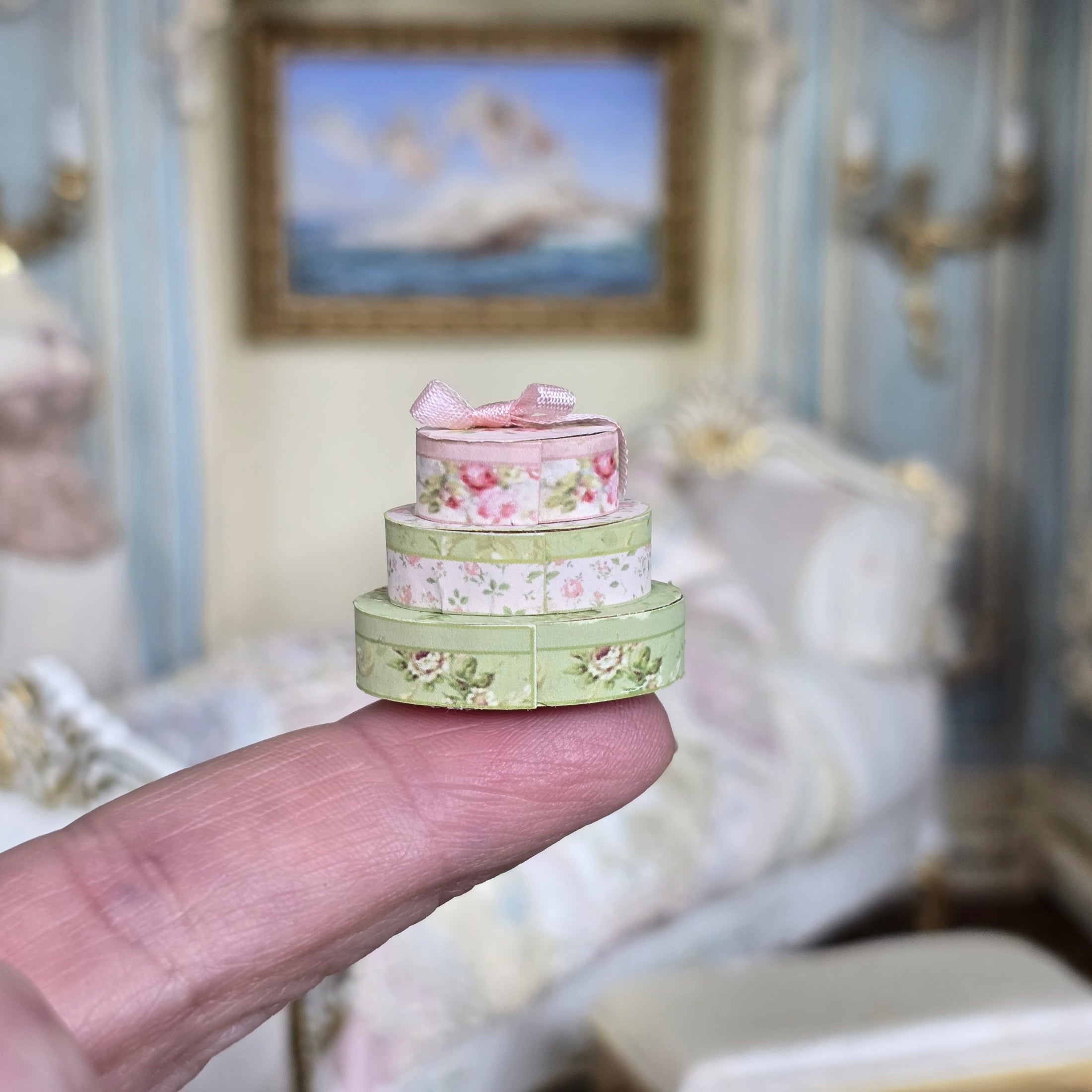 Stacked Floral Decorative Oval Boxes with Pink Silk Ribbon Vintage Artisan