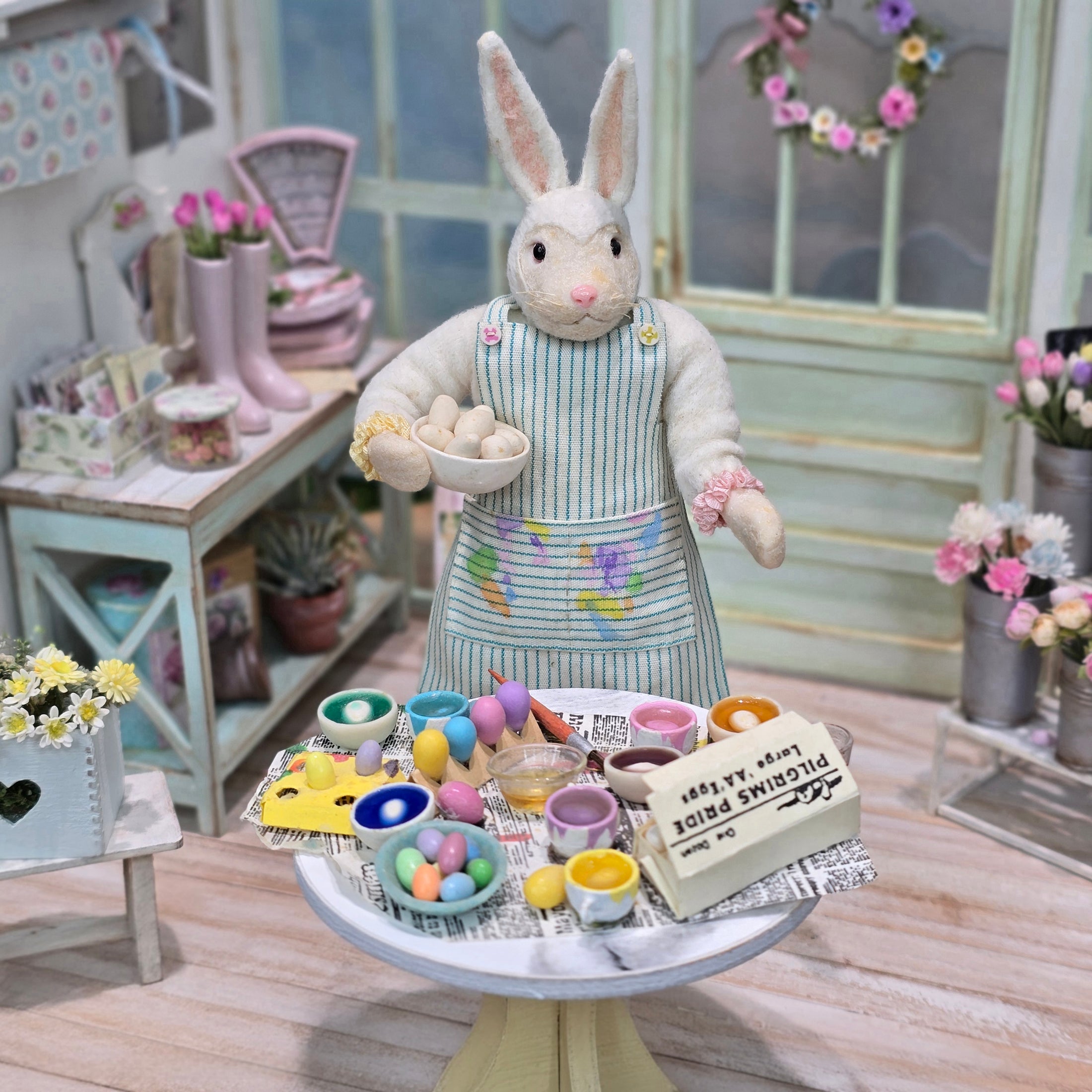 OOAK Easter Bunny Anthropomorphic Dollhouse Doll with Egg Dyeing Diorama Scene