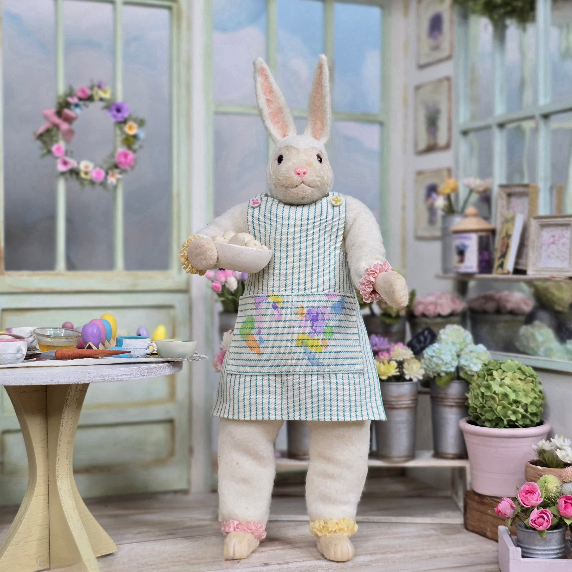 OOAK Easter Bunny Anthropomorphic Dollhouse Doll with Egg Dyeing Diorama Scene