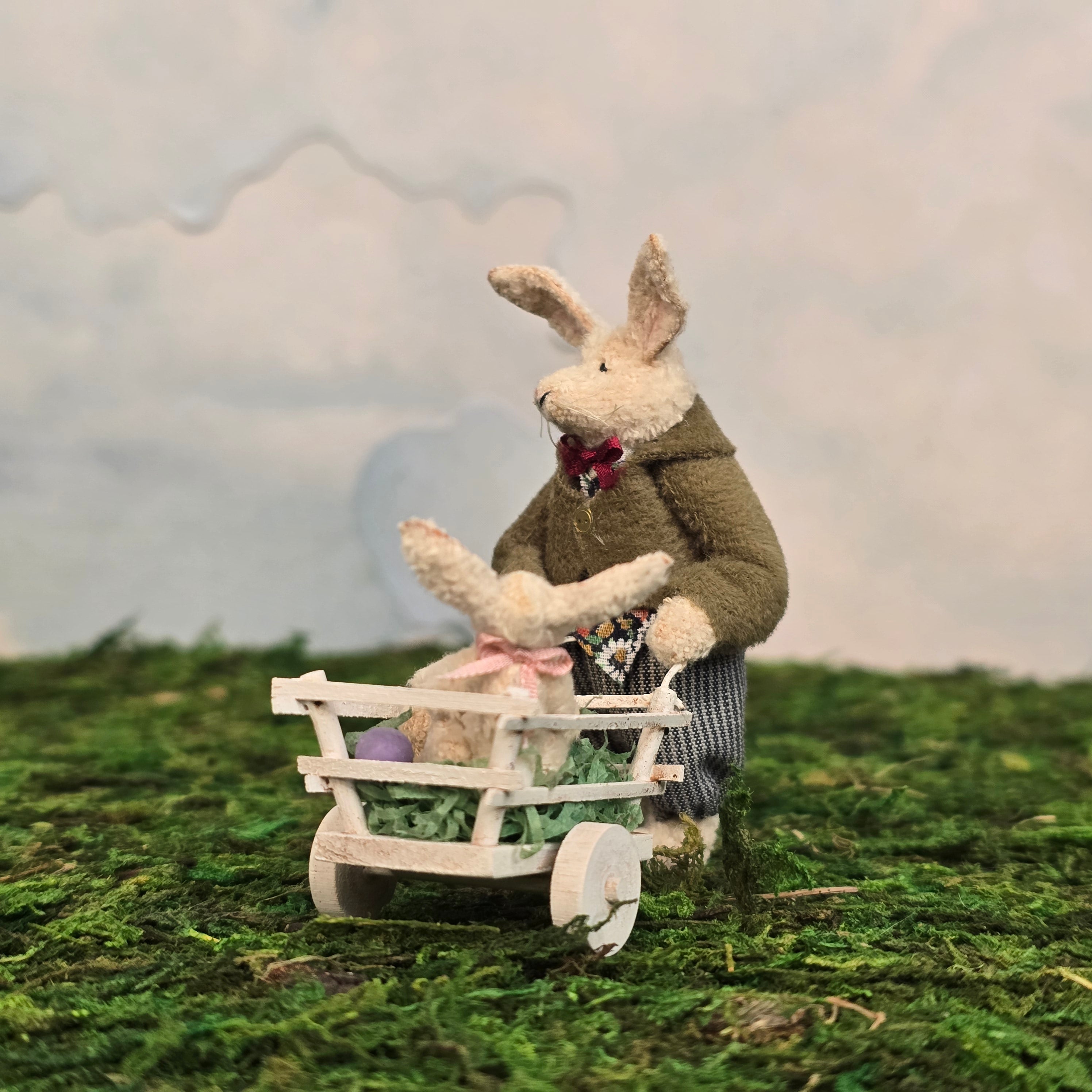 Veronique Lux Easter Bunny Father & Baby Easter Egg Cart Artisan France