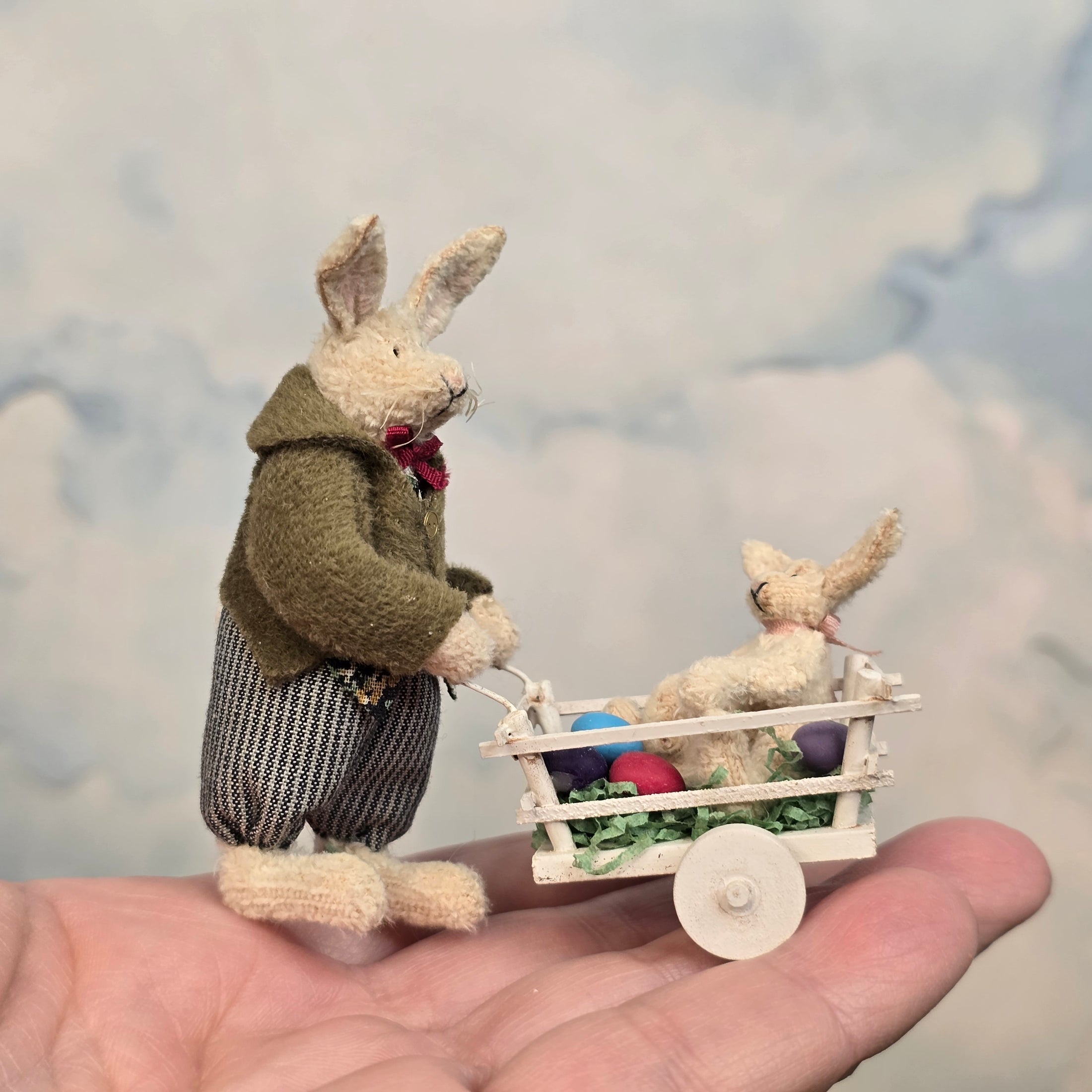 Veronique Lux Easter Bunny Father & Baby Easter Egg Cart Artisan France