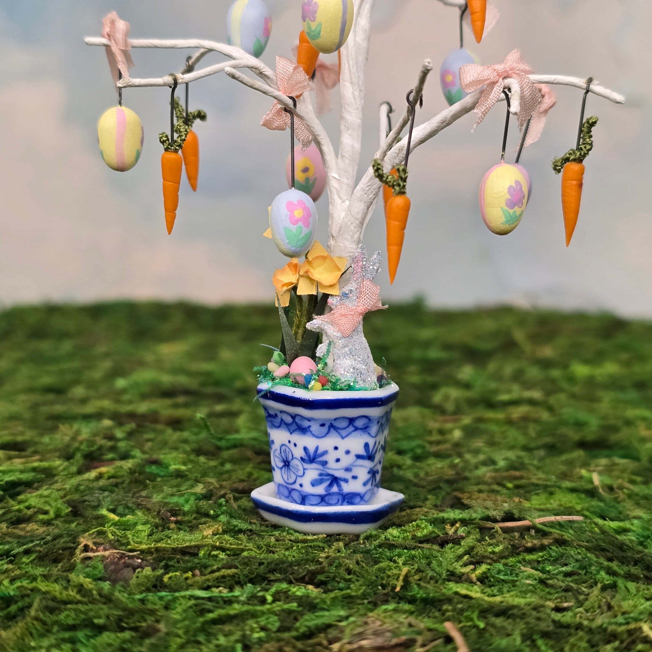 Whimsical Decorated Easter Tree in Porcelain Urn Planter Dollhouse Miniature