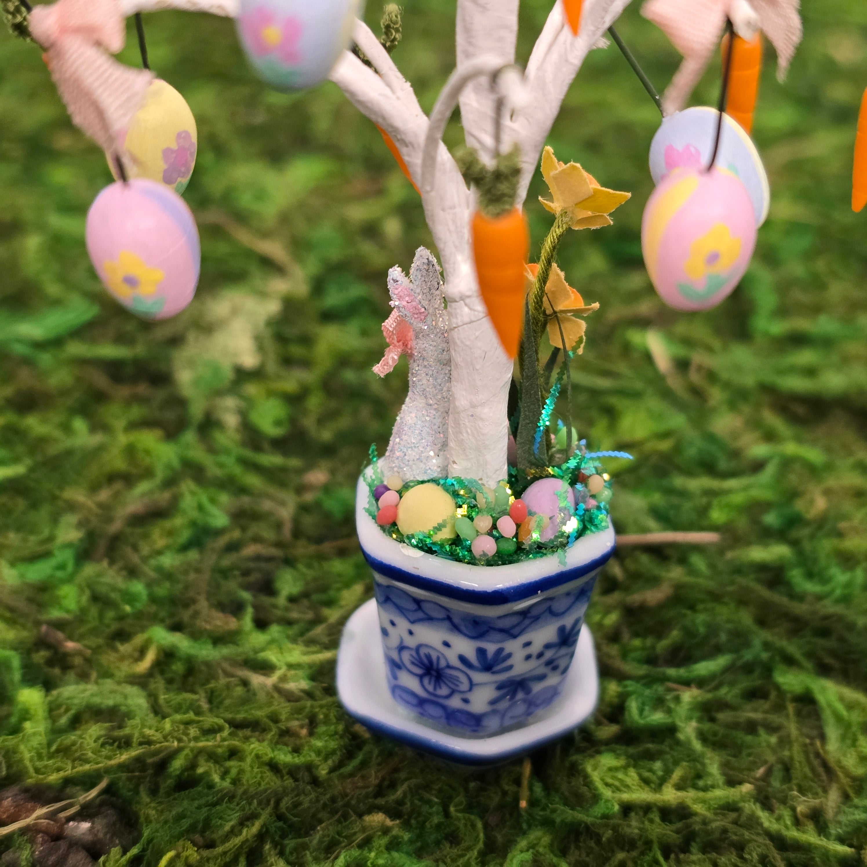 Whimsical Decorated Easter Tree in Porcelain Urn Planter Dollhouse Miniature