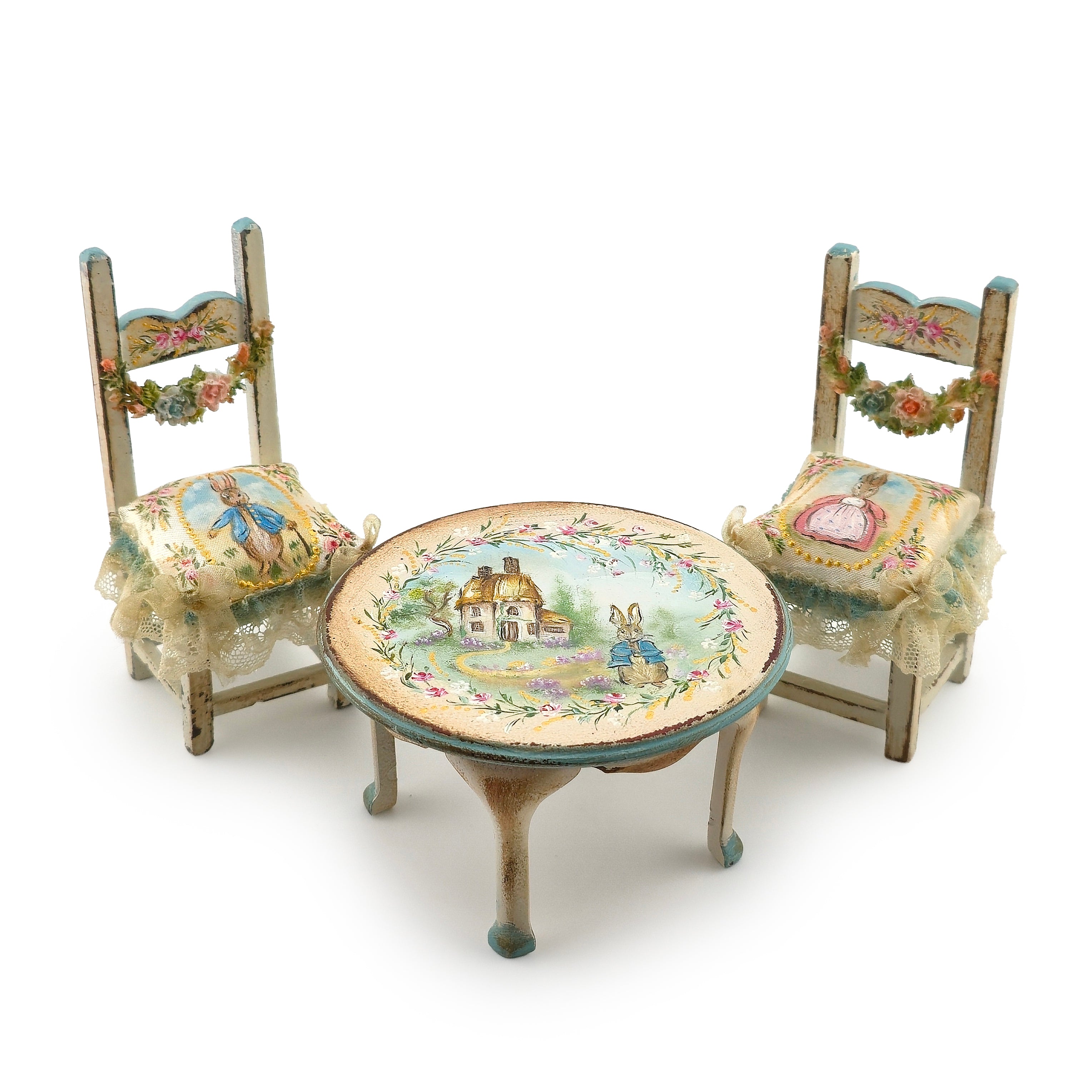 RESERVED FOR RB Aida Pravia Hand Painted Peter Rabbit Table & Chairs Set Porcelain Roses Spain