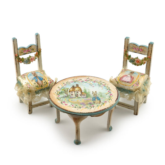 RESERVED FOR RB Aida Pravia Hand Painted Peter Rabbit Table & Chairs Set Porcelain Roses Spain