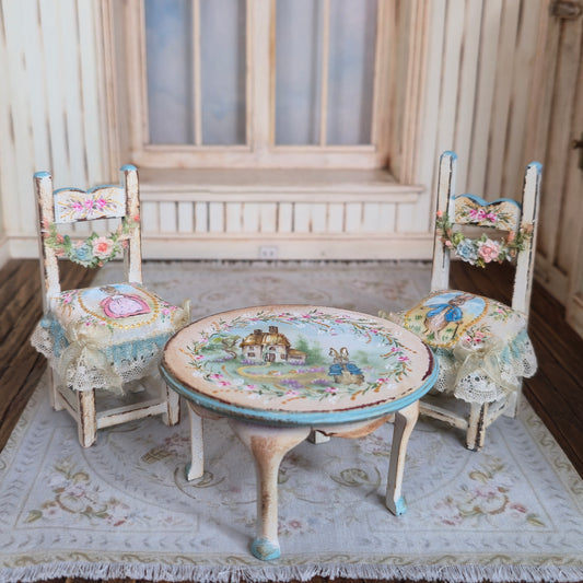 RESERVED FOR RB Aida Pravia Hand Painted Peter Rabbit Table & Chairs Set Porcelain Roses Spain