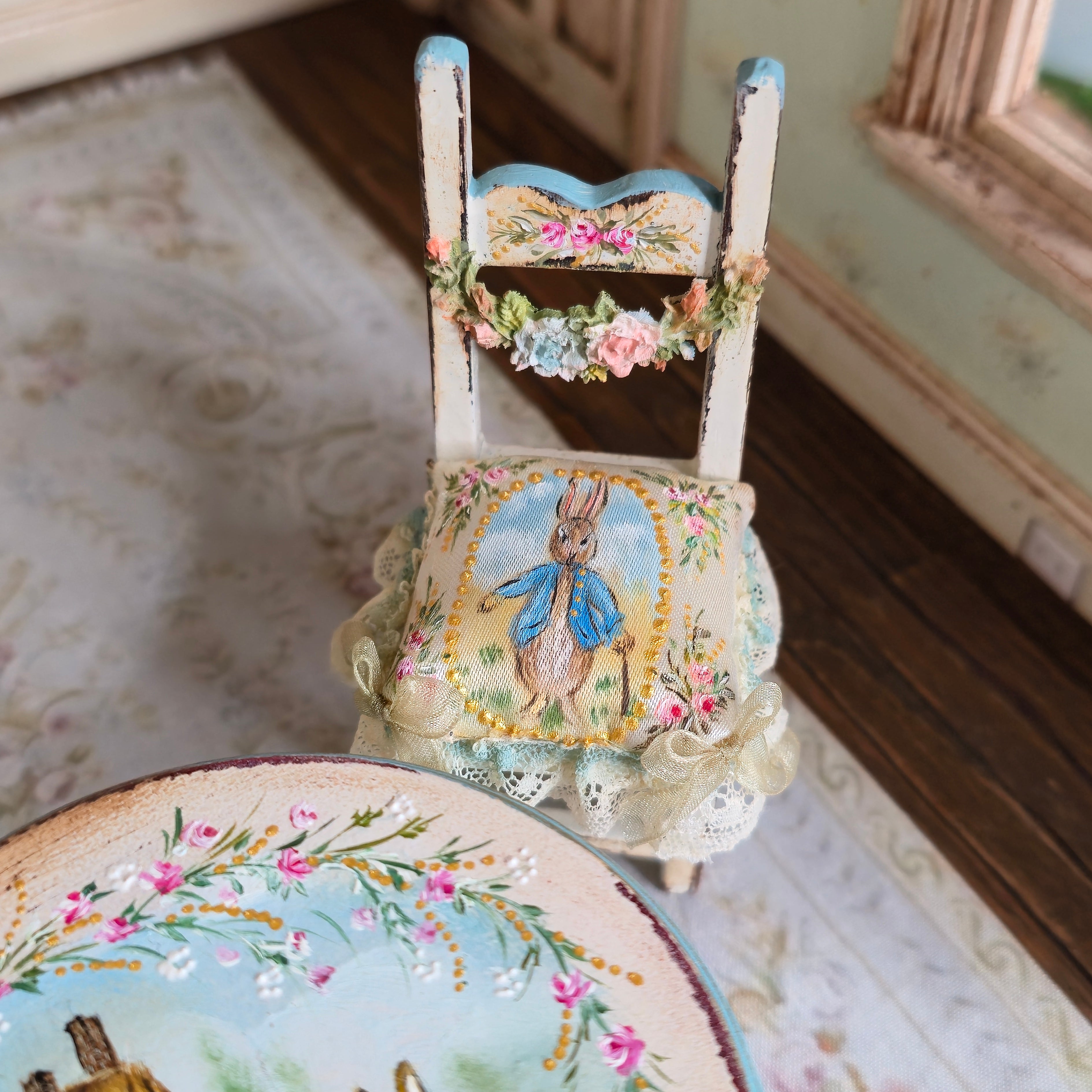 RESERVED FOR RB Aida Pravia Hand Painted Peter Rabbit Table & Chairs Set Porcelain Roses Spain