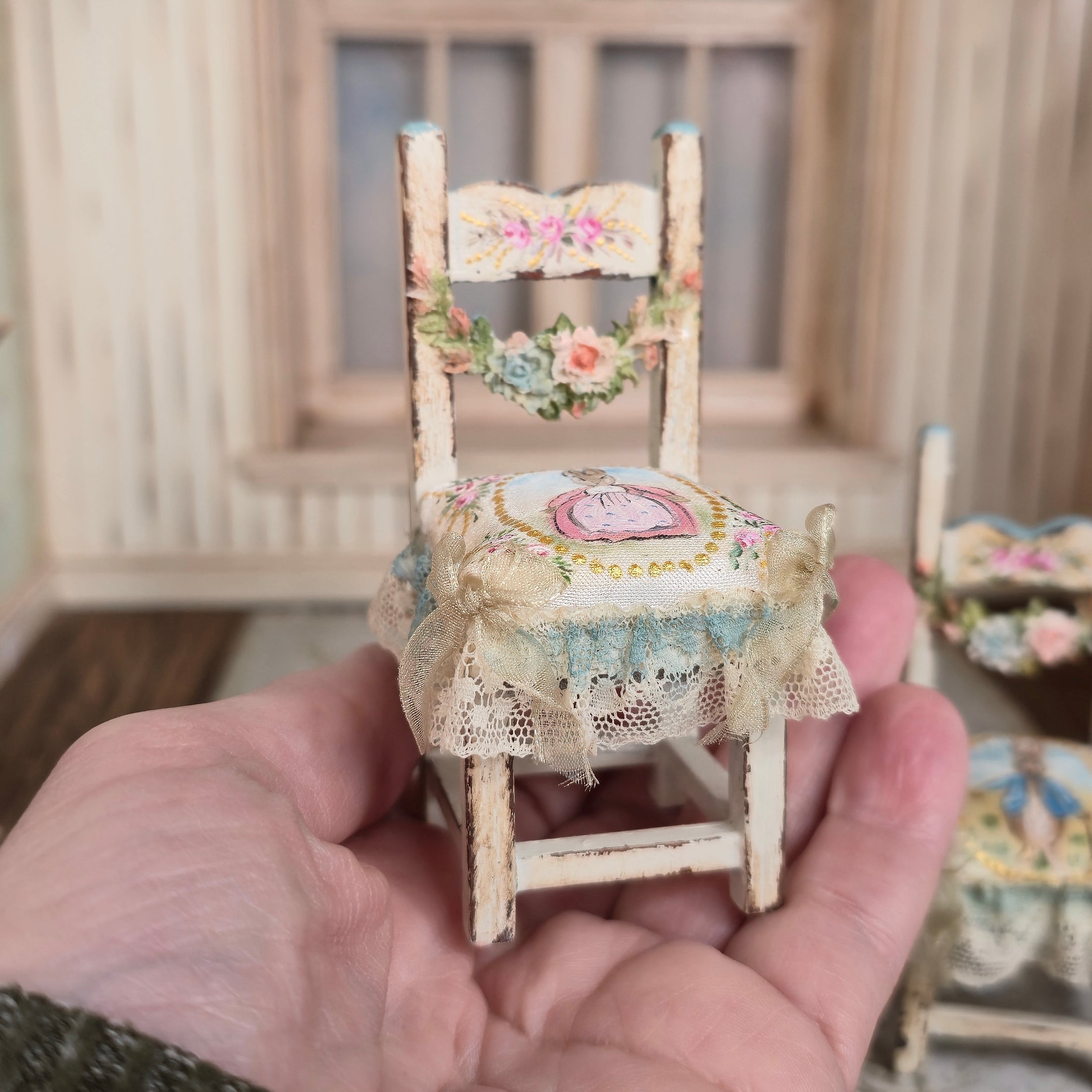 RESERVED FOR RB Aida Pravia Hand Painted Peter Rabbit Table & Chairs Set Porcelain Roses Spain