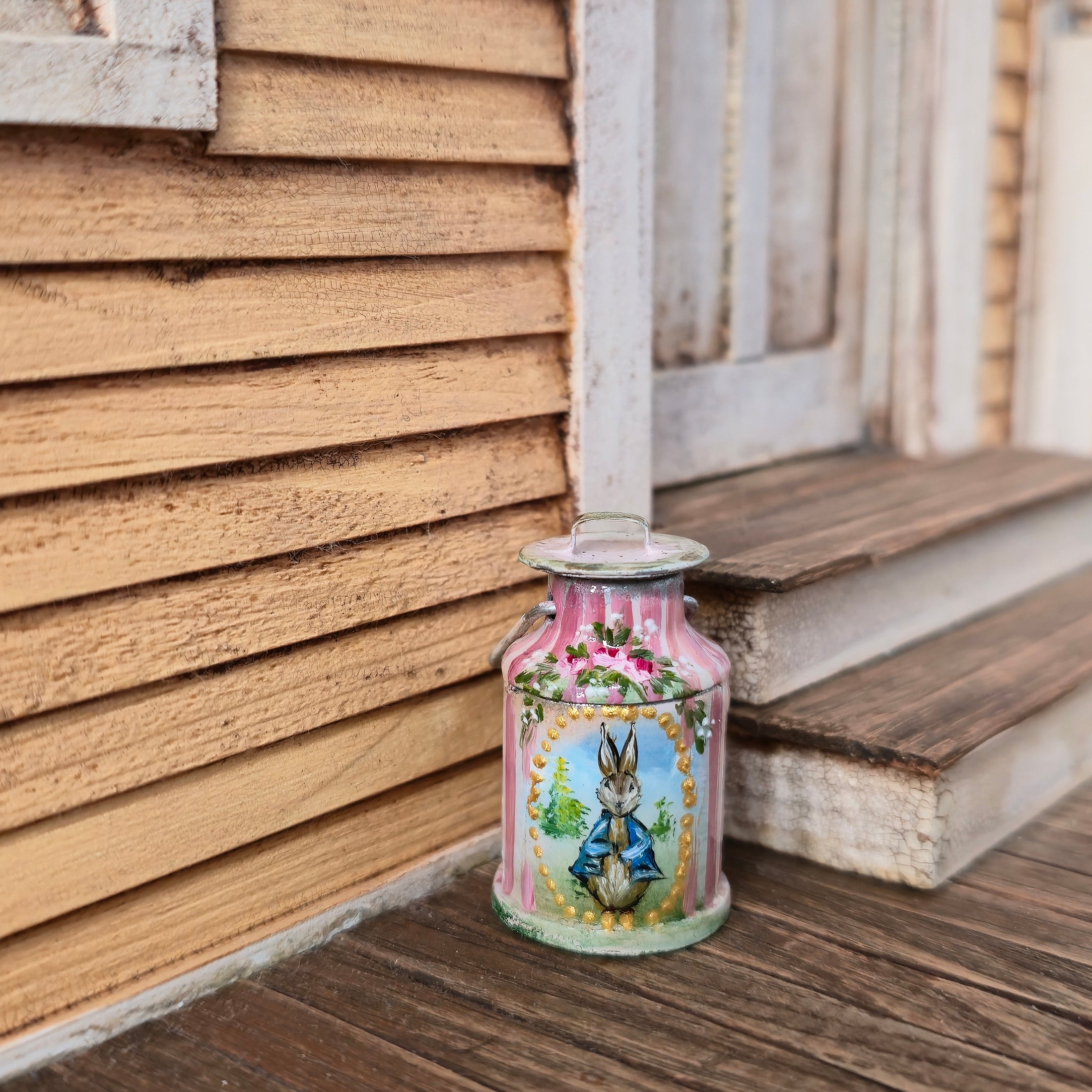 Aida Pravia Hand Painted Peter Rabbit Metal Lidded Milk Churn Canister with Lid