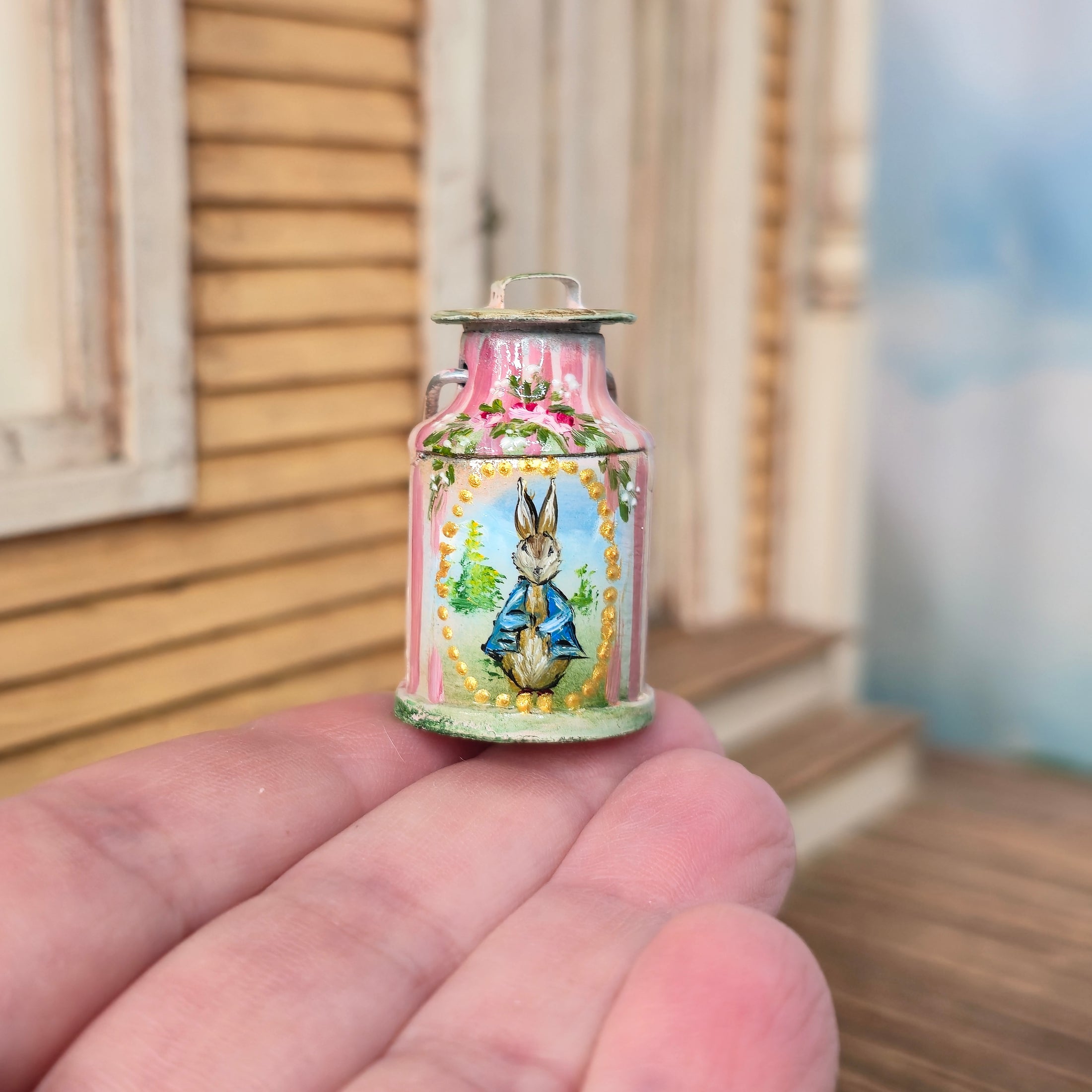 Aida Pravia Hand Painted Peter Rabbit Metal Lidded Milk Churn Canister with Lid