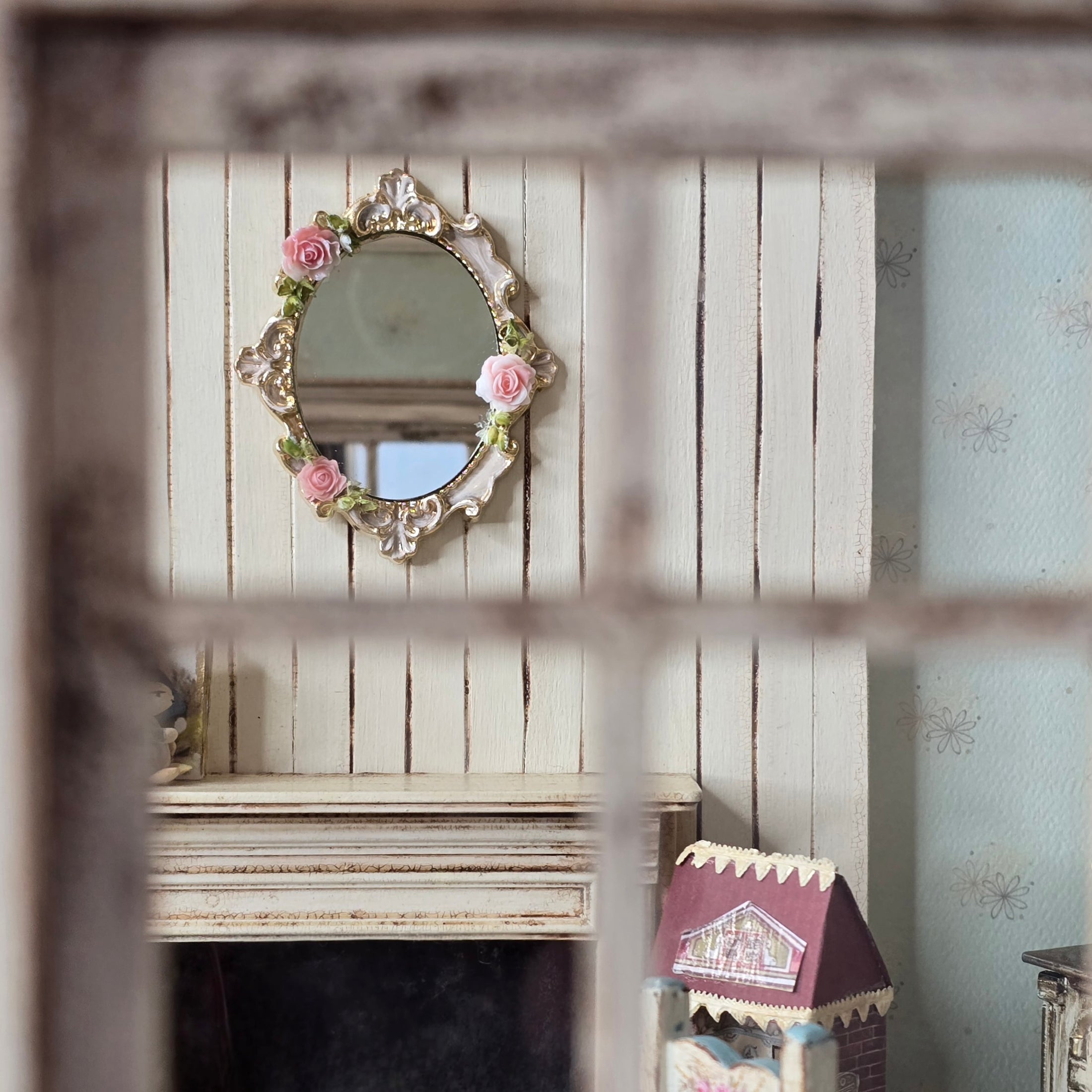 Flourished Gilt Wall Mirror for Dollhouse Adorned with Pink Porcelain Roses