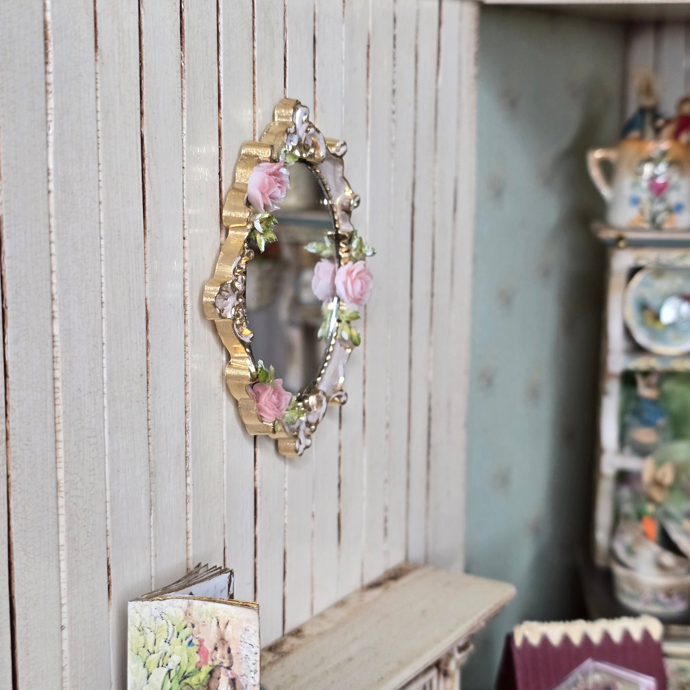 Flourished Gilt Wall Mirror for Dollhouse Adorned with Pink Porcelain Roses