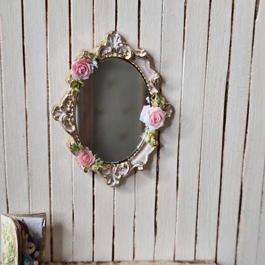 Flourished Gilt Wall Mirror for Dollhouse Adorned with Pink Porcelain Roses