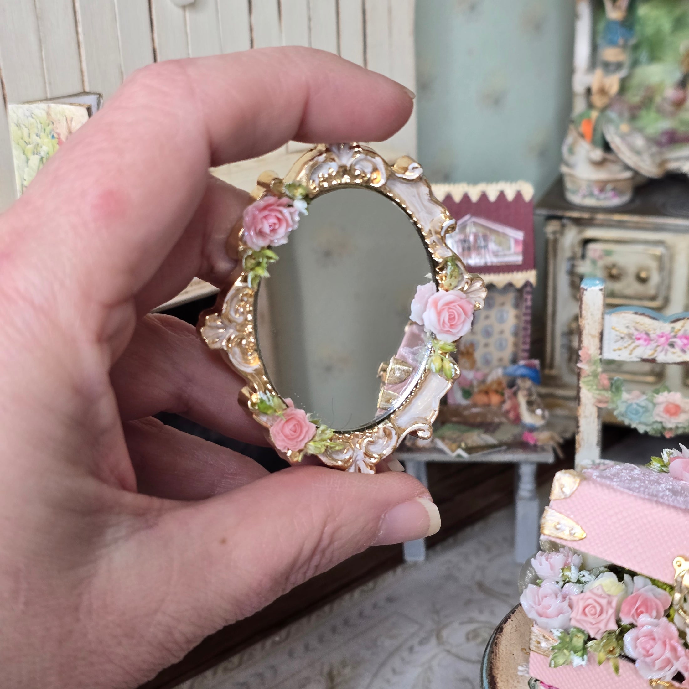 Flourished Gilt Wall Mirror for Dollhouse Adorned with Pink Porcelain Roses