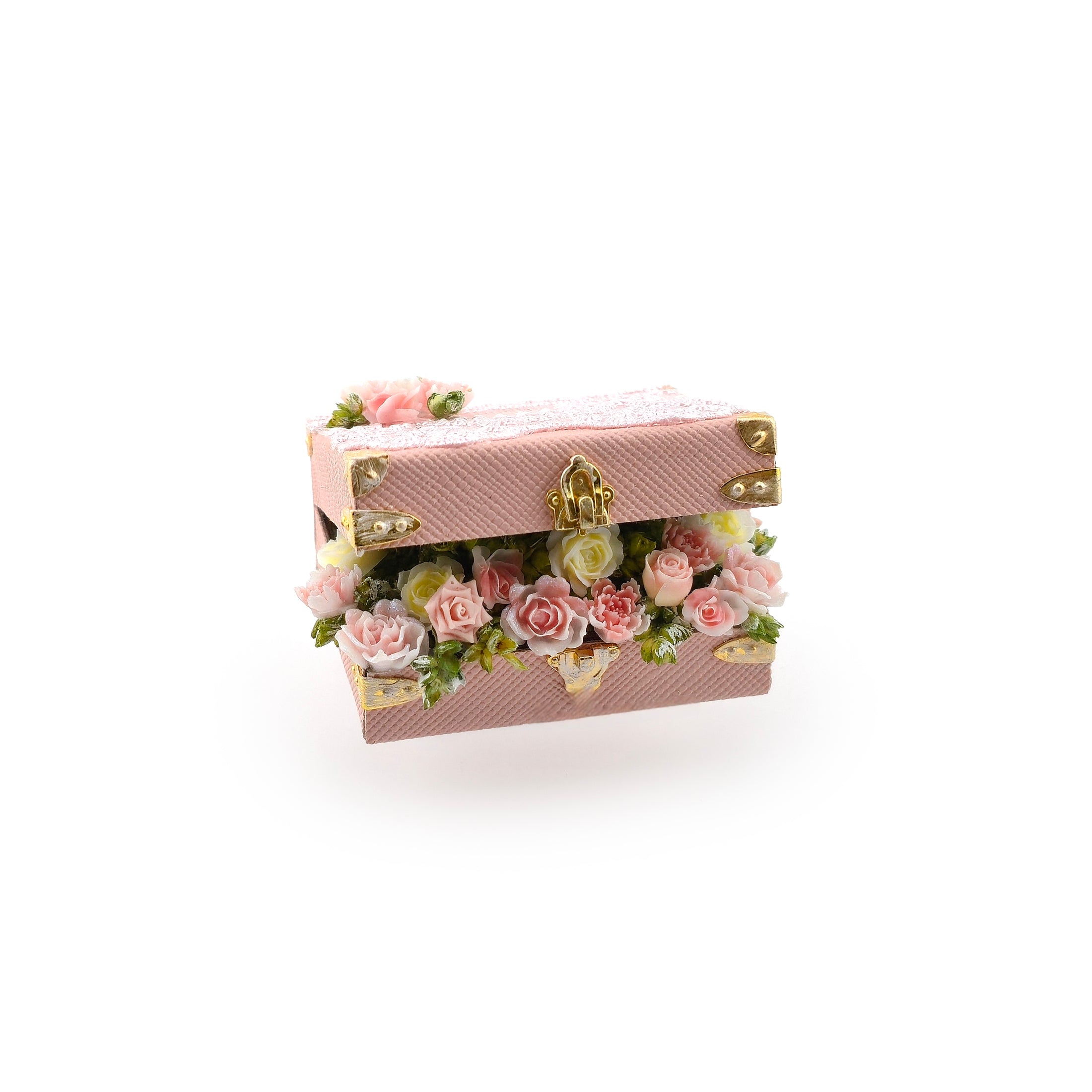 Pink Faux Leather Chest Filled with Sculpted Porcelain Roses Miniature Japan