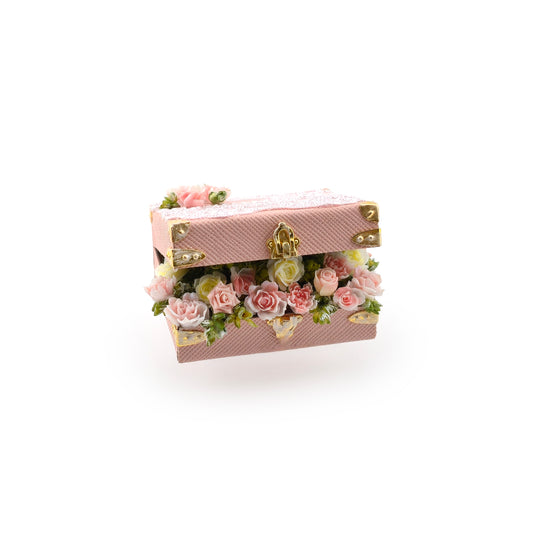 Pink Faux Leather Chest Filled with Sculpted Porcelain Roses Miniature Japan