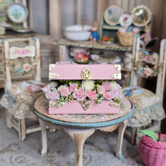 Pink Faux Leather Chest Filled with Sculpted Porcelain Roses Miniature Japan
