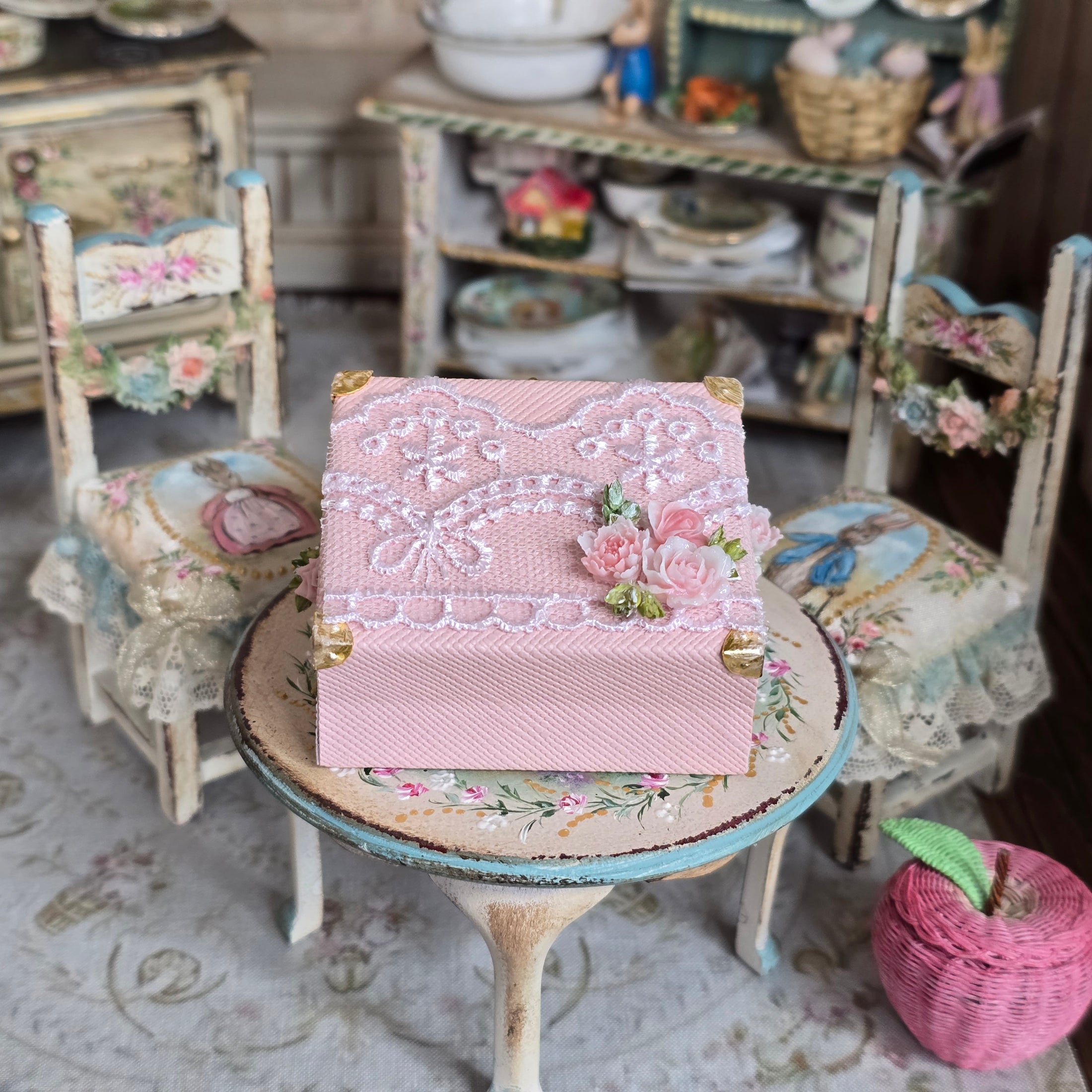 Pink Faux Leather Chest Filled with Sculpted Porcelain Roses Miniature Japan