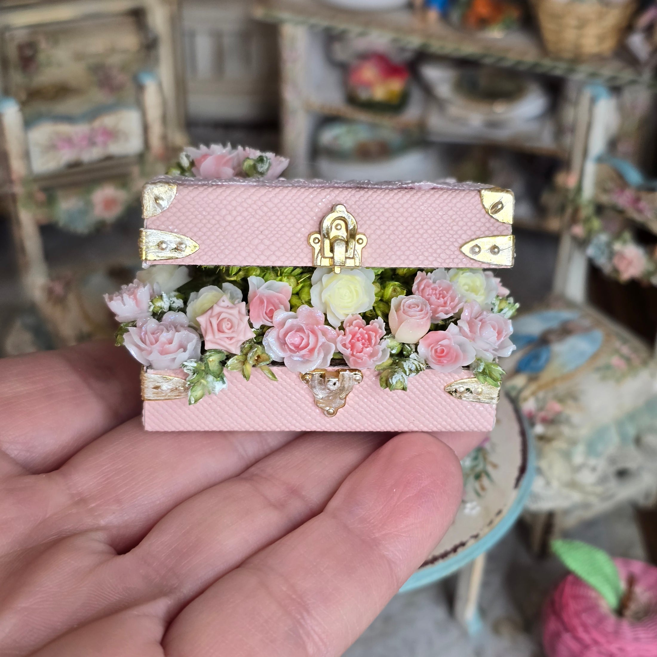 Pink Faux Leather Chest Filled with Sculpted Porcelain Roses Miniature Japan