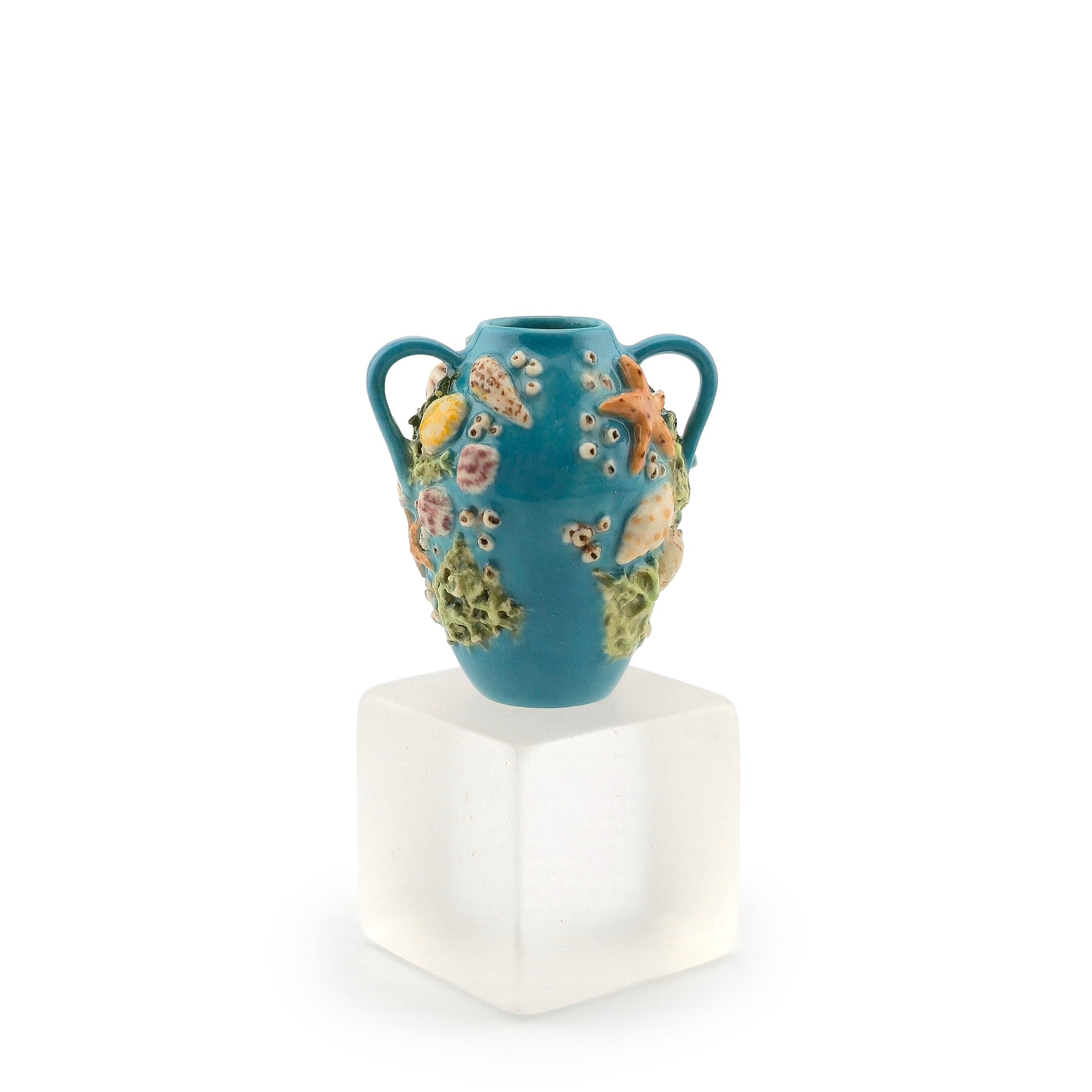 Ocean Blue Twin-Handle Amphora Shell Vase Sculptural Coastal Miniature Dollhouse