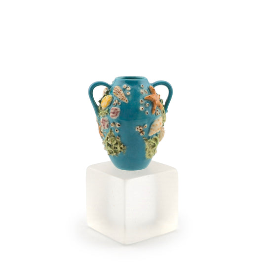 Ocean Blue Twin-Handle Amphora Shell Vase Sculptural Coastal Miniature Dollhouse