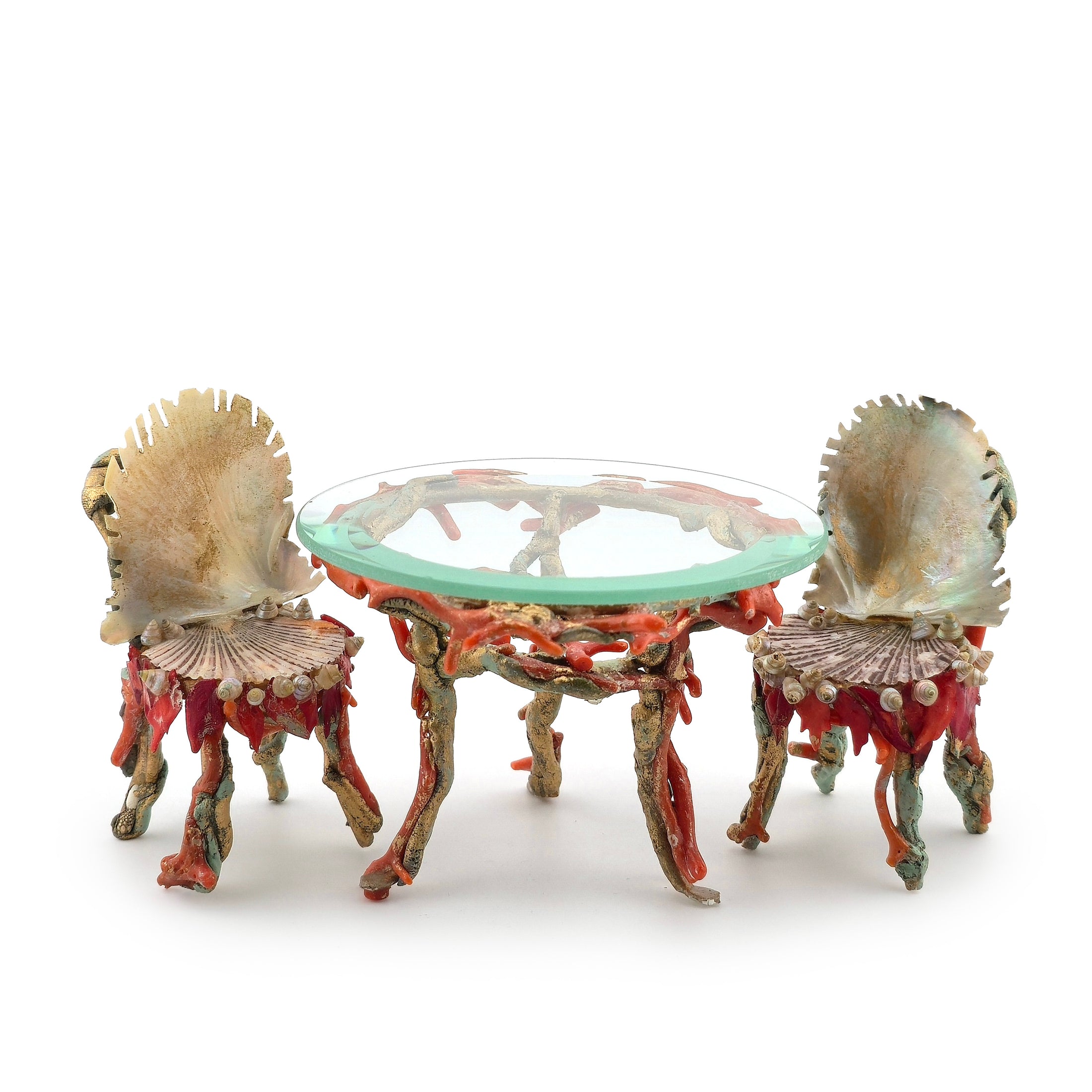 Pamela Goldman Coral-Red Shell Dining Set with Glass Top OOAK