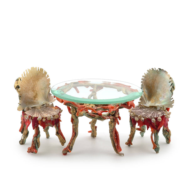 Pamela Goldman Coral-Red Shell Dining Set with Glass Top OOAK