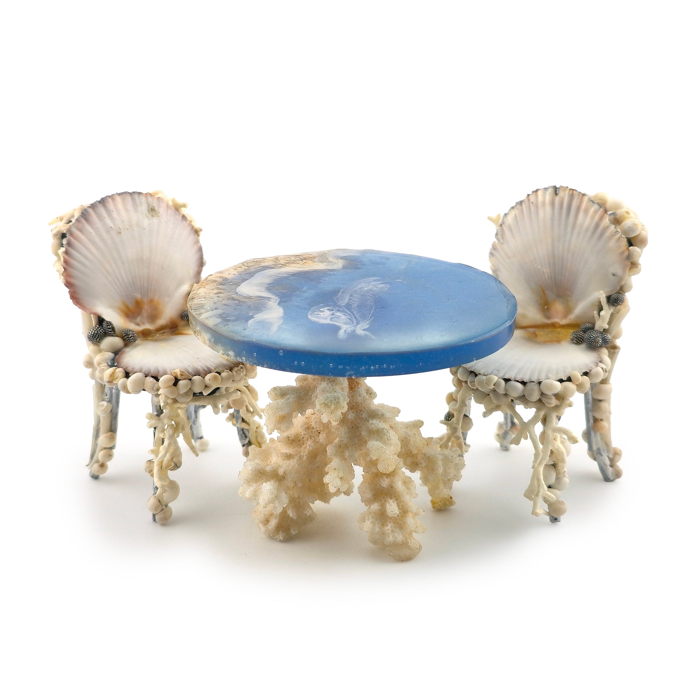 RARE Pamela Goldman Sea Shell Dining Set with Ocean-Blue Resin Tabletop