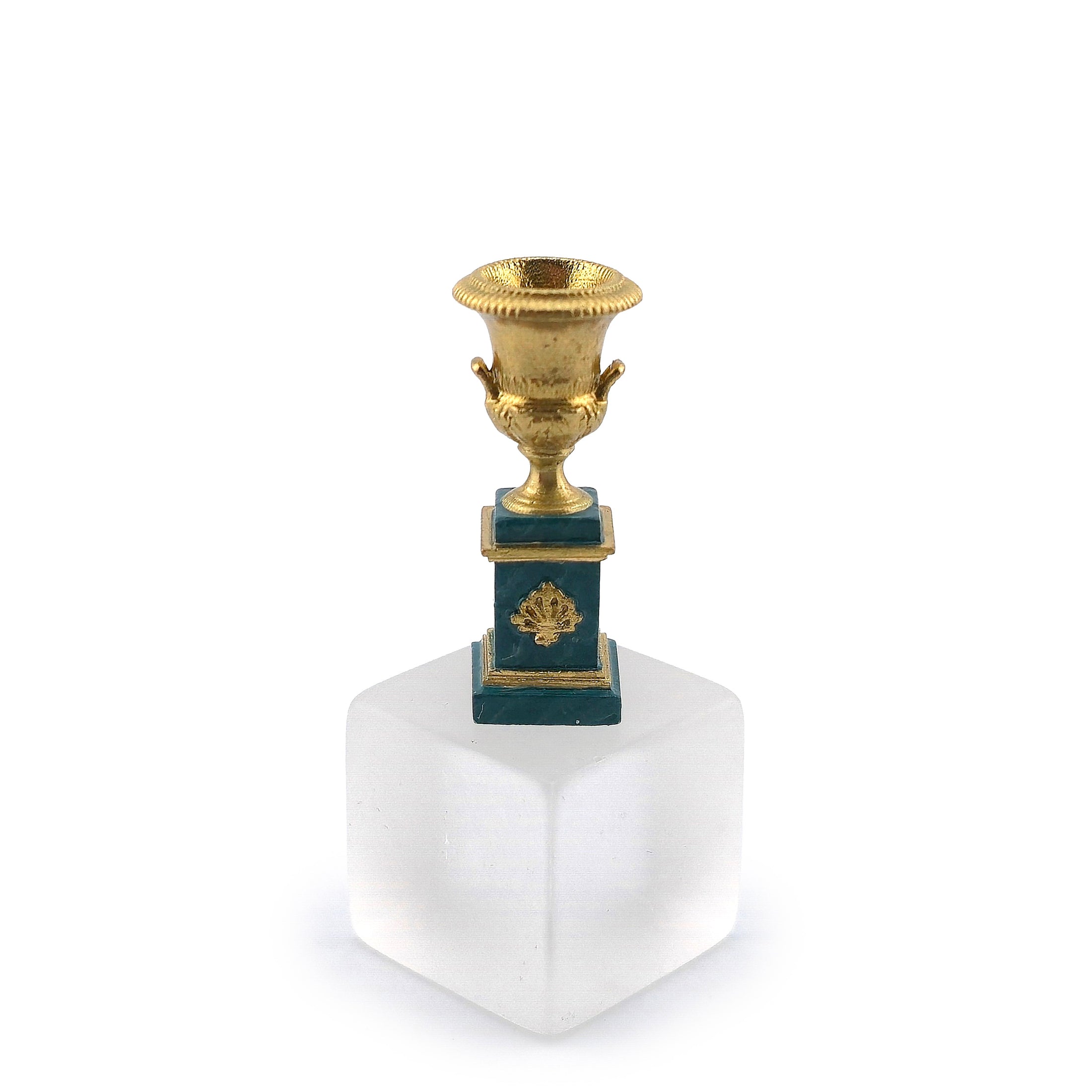 David Iriarte Classical Brass Campana Urn on Enameled Green Marble Pedestal