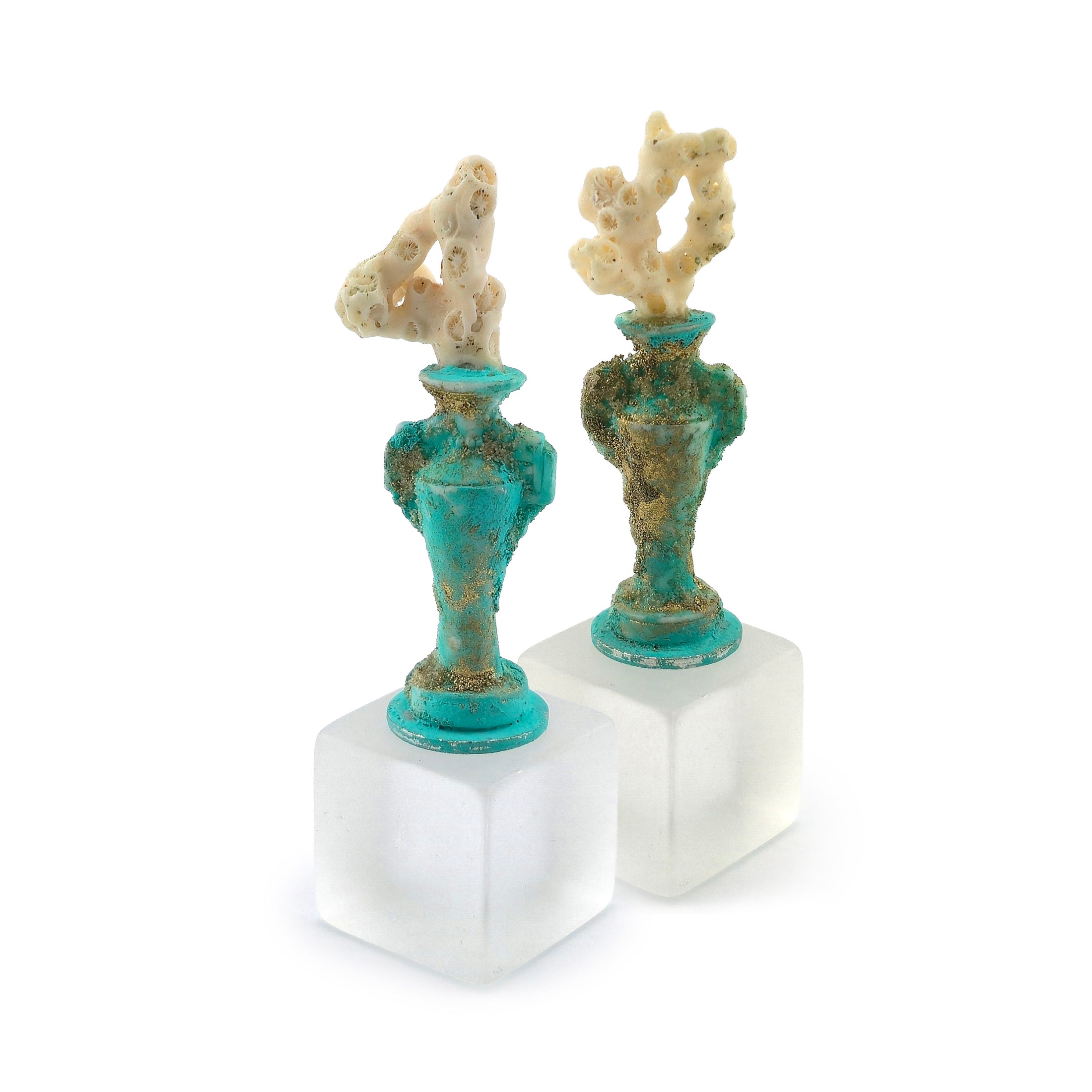 Pair of Clay Amphoras with Gold Leaf Patina & Natural Coral