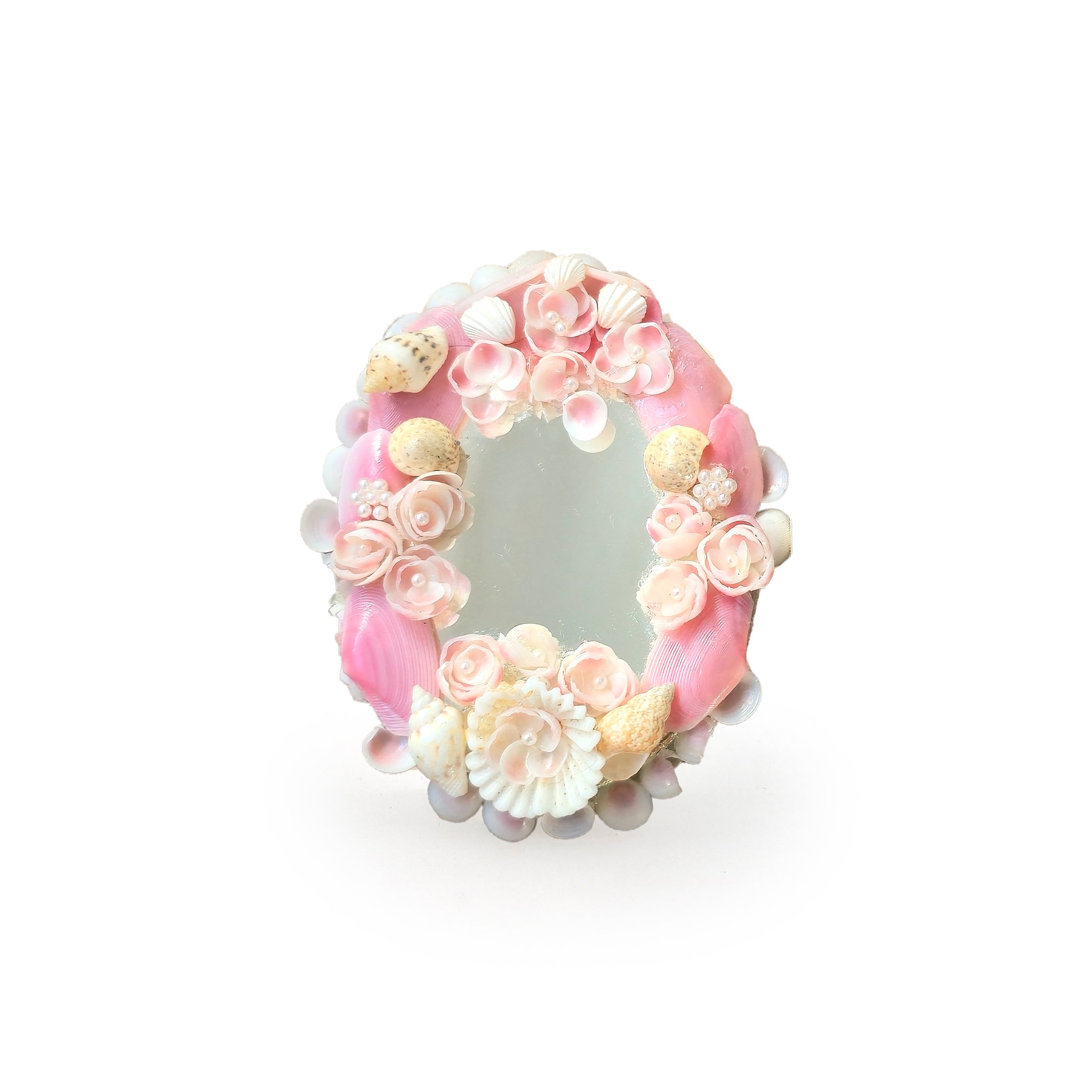 Artisan Sailors’ Valentine Pink Shells & Pearls Mirror Signed CRH 2017