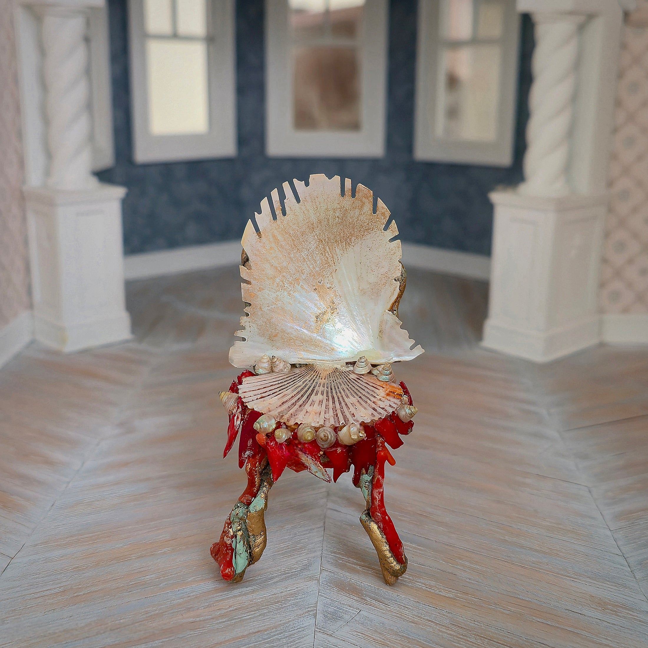 Pamela Goldman Coral-Red Shell Dining Set with Glass Top OOAK