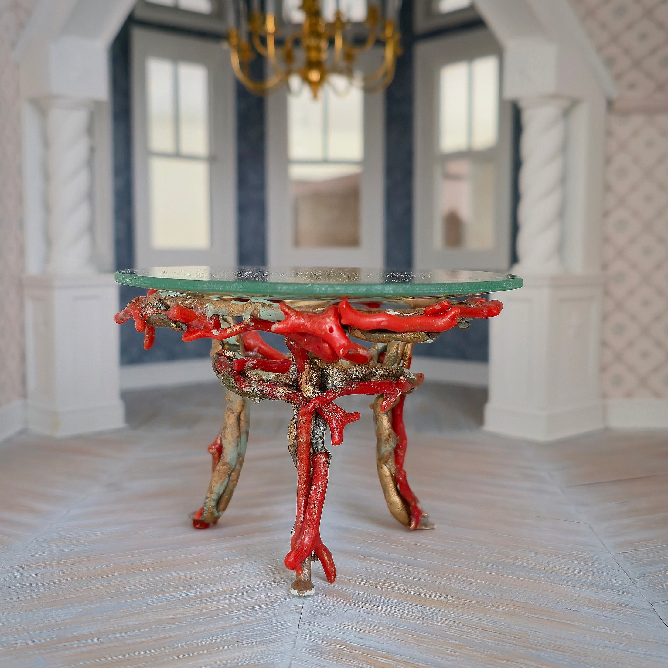 Pamela Goldman Coral-Red Shell Dining Set with Glass Top OOAK