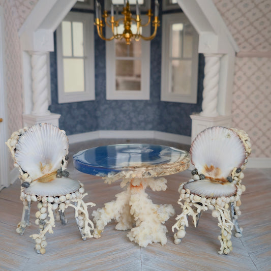 RARE Pamela Goldman Sea Shell Dining Set with Ocean-Blue Resin Tabletop