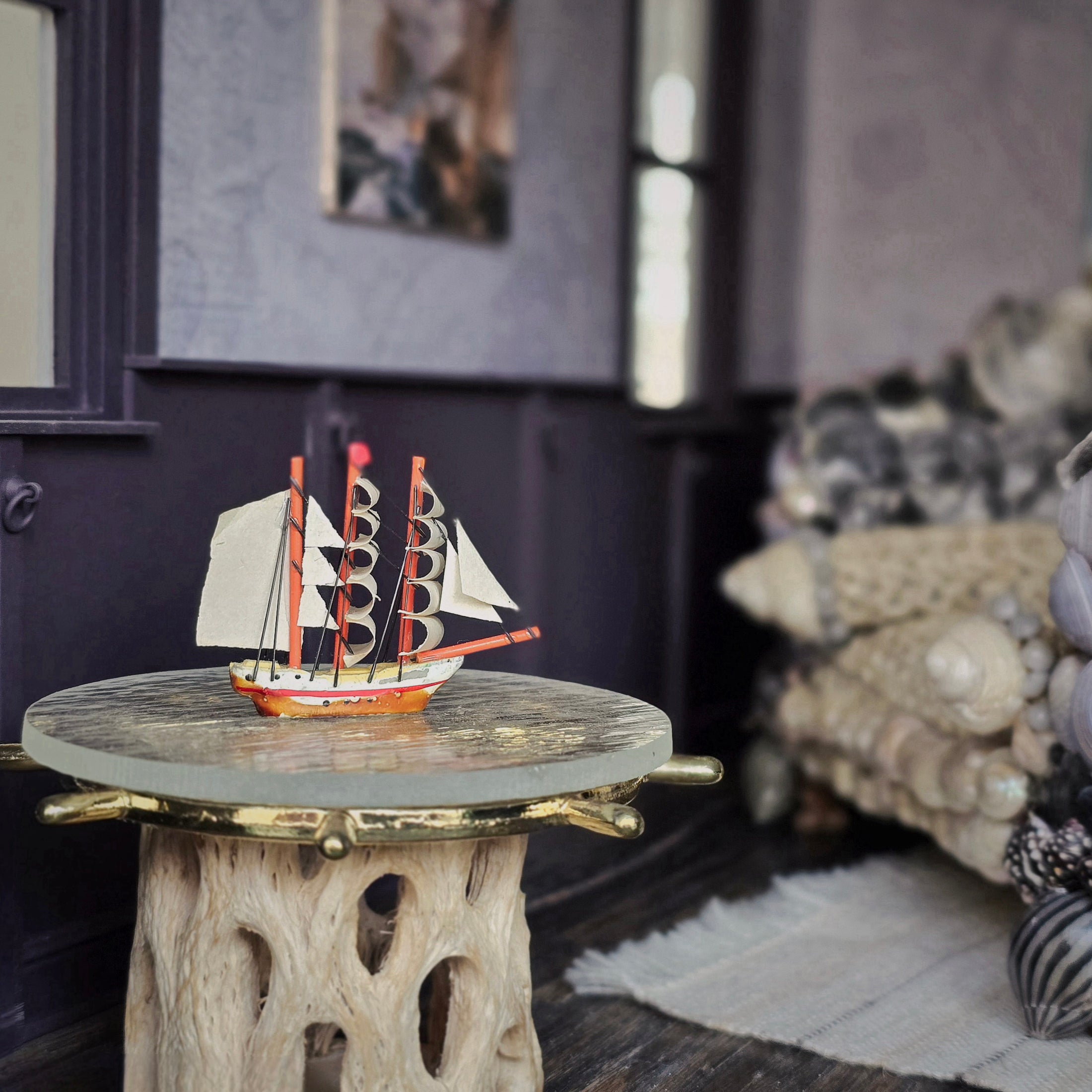 Three-Masted Clipper Ship Red & White Dollhouse Miniature