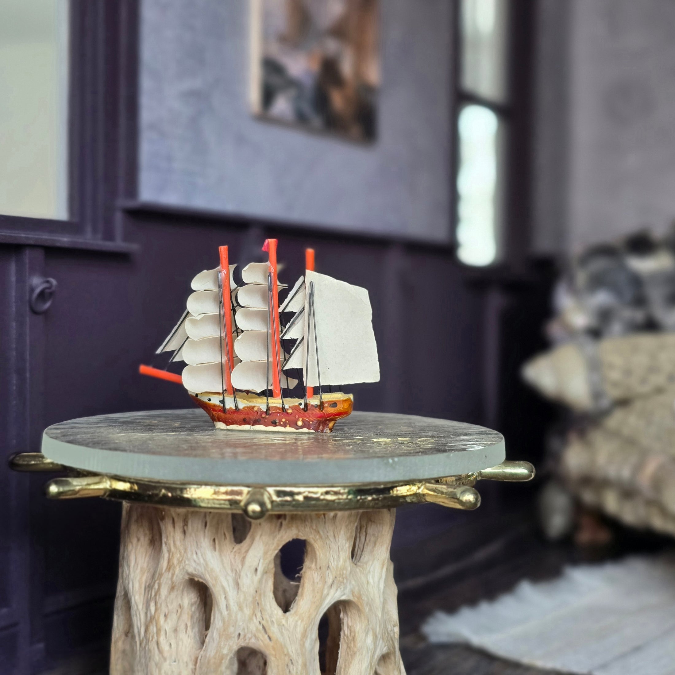Three-Masted Clipper Ship Red & White Dollhouse Miniature