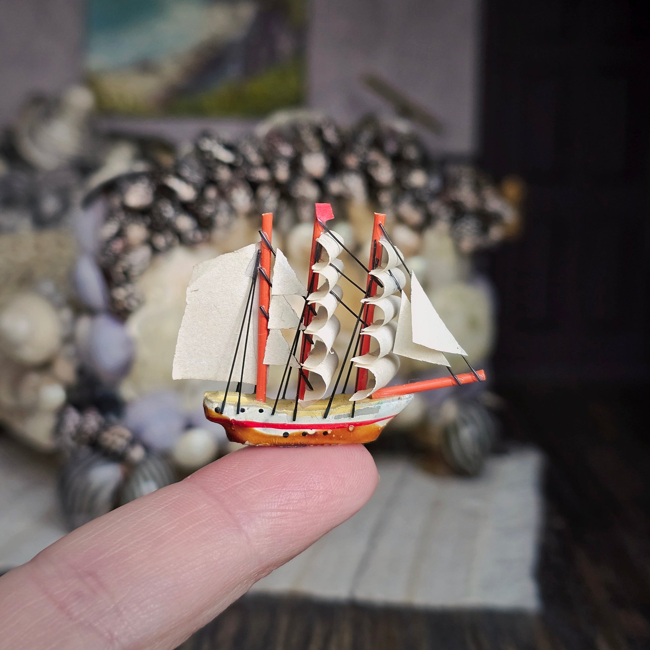 Three-Masted Clipper Ship Red & White Dollhouse Miniature