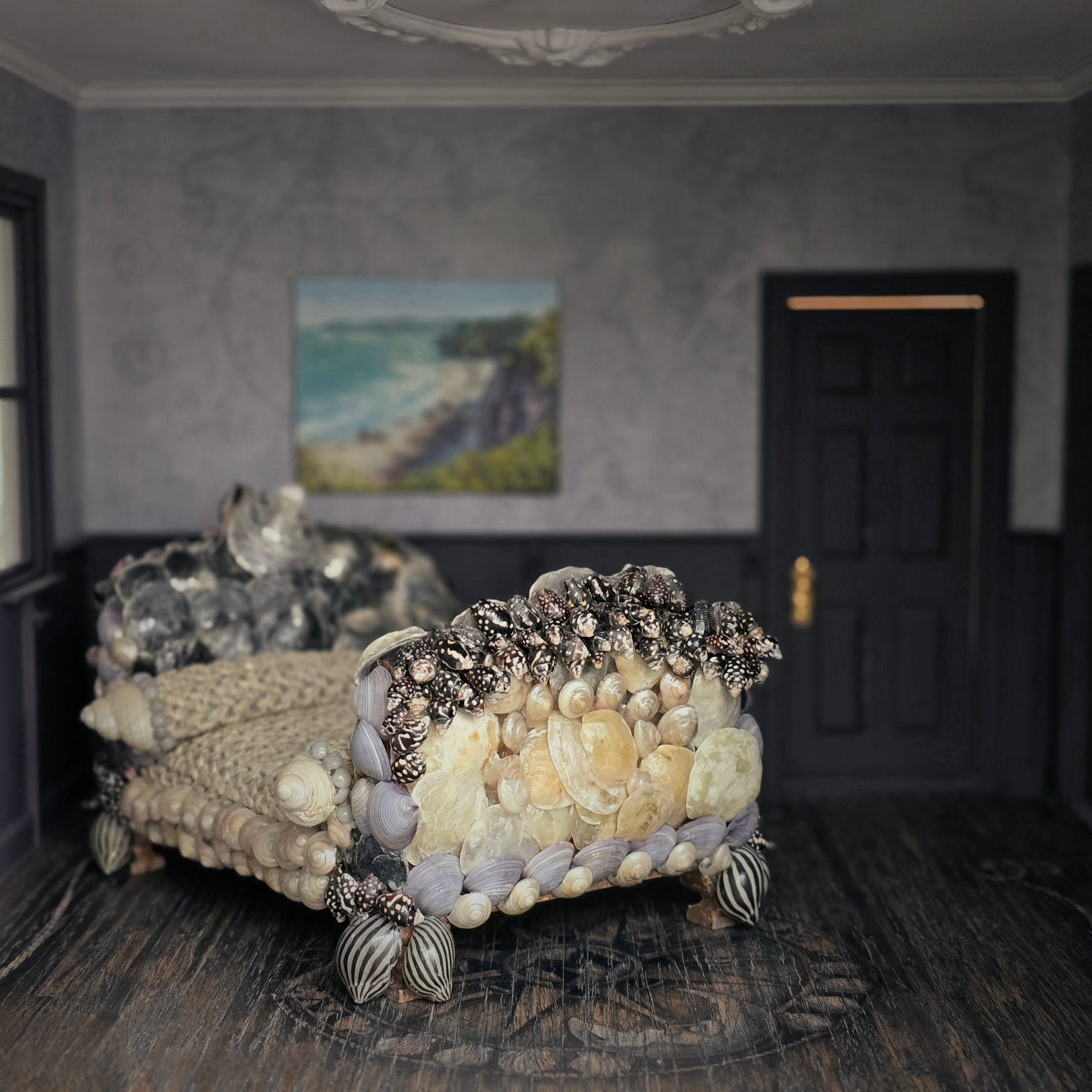 RARE Pamela Goldman Shell-Encrusted Bed with Woven Raffia Coverlet