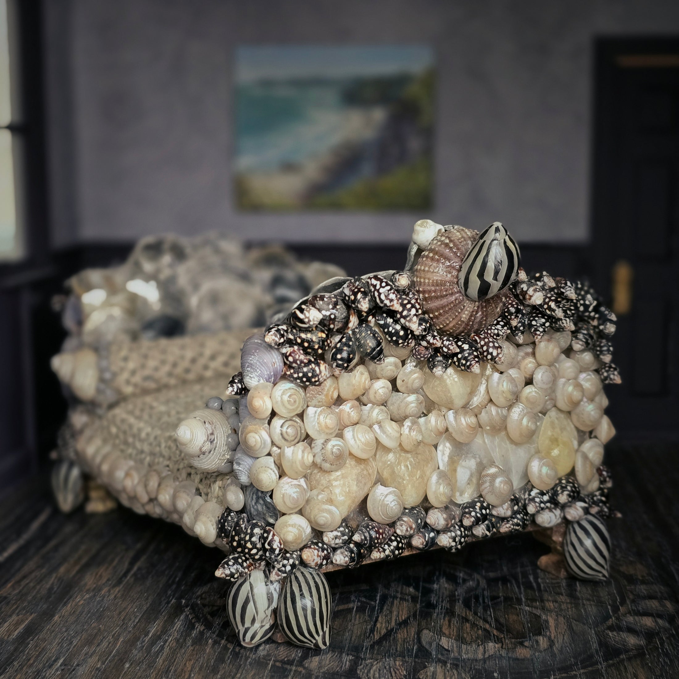 RARE Pamela Goldman Shell-Encrusted Bed with Woven Raffia Coverlet