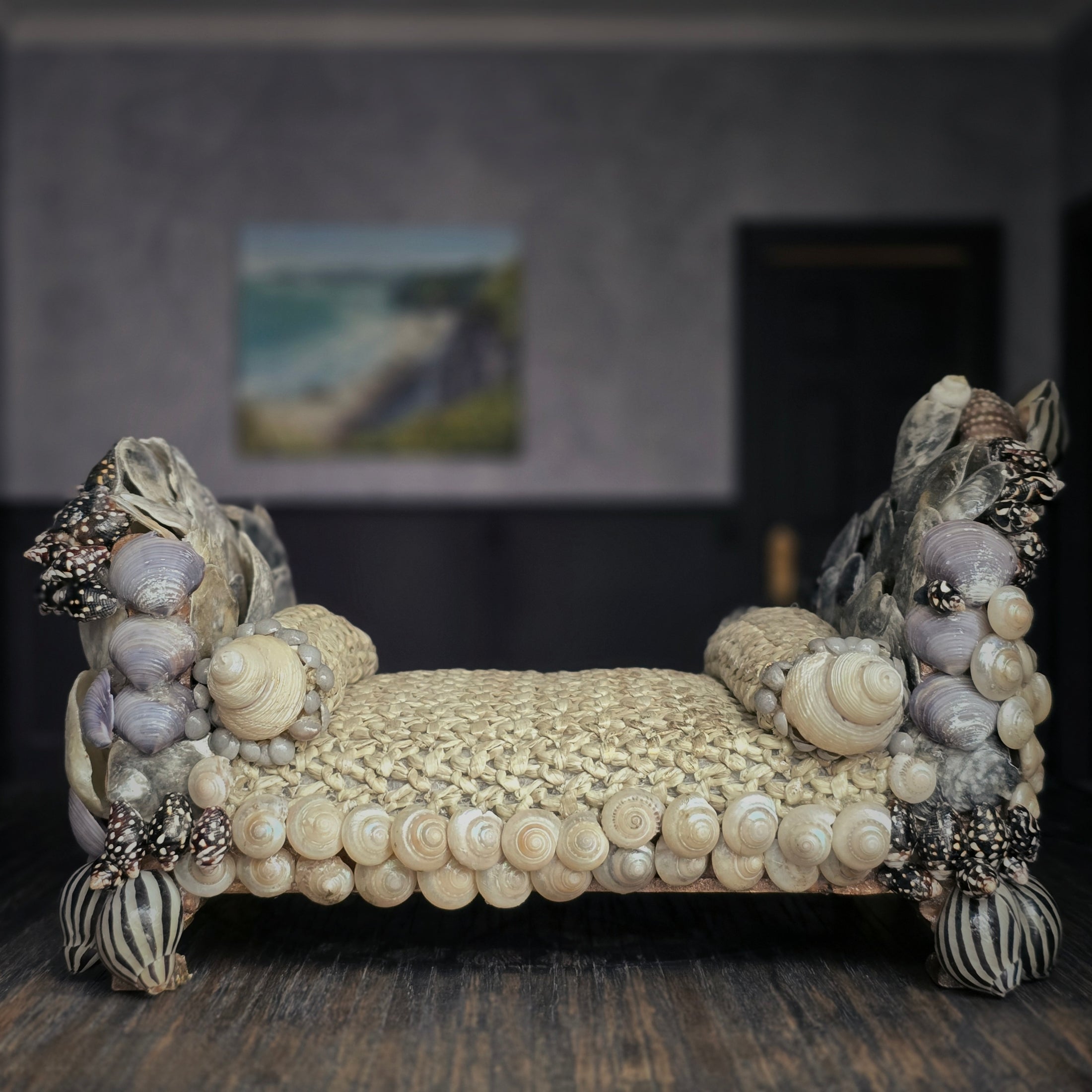 RARE Pamela Goldman Shell-Encrusted Bed with Woven Raffia Coverlet
