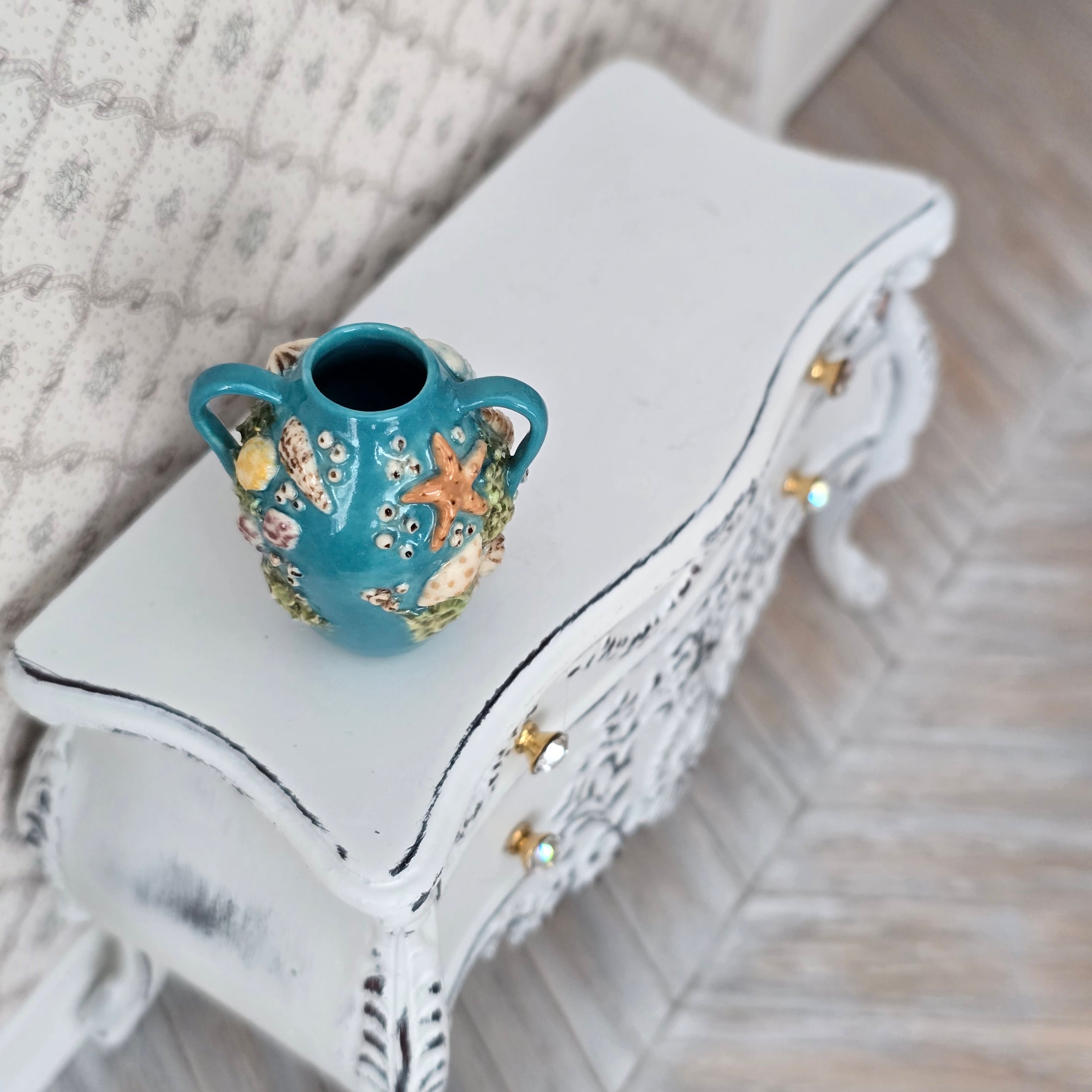 Ocean Blue Twin-Handle Amphora Shell Vase Sculptural Coastal Miniature Dollhouse