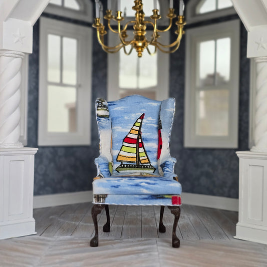 Alice Fine Colorful Nautical Sailboat Upholstered Wingback Armchair