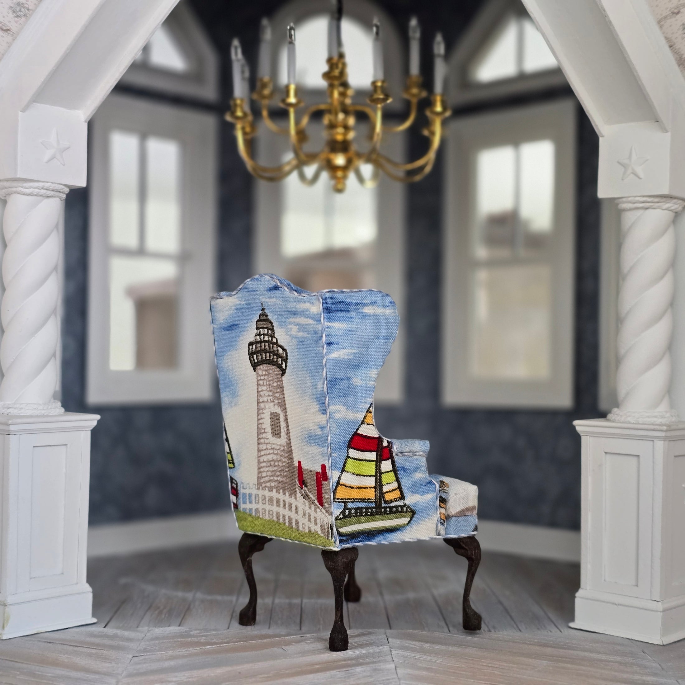 Alice Fine Colorful Nautical Sailboat Upholstered Wingback Armchair