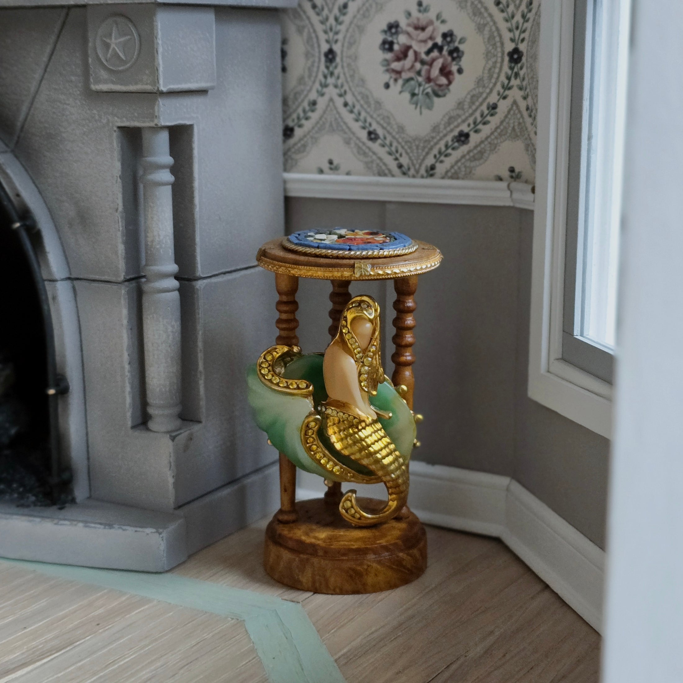 Stunning and RARE Miniature Mermaid Micro-Mosaic Pedestal by Gil Mena