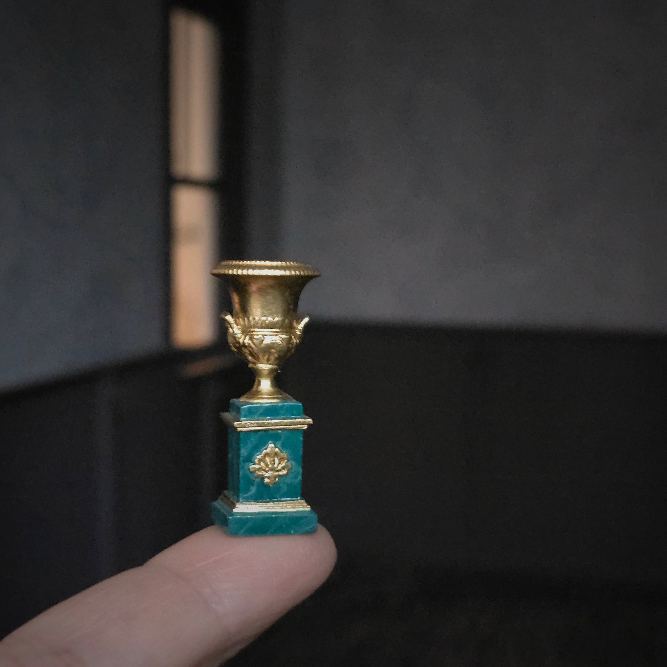 David Iriarte Classical Brass Campana Urn on Enameled Green Marble Pedestal