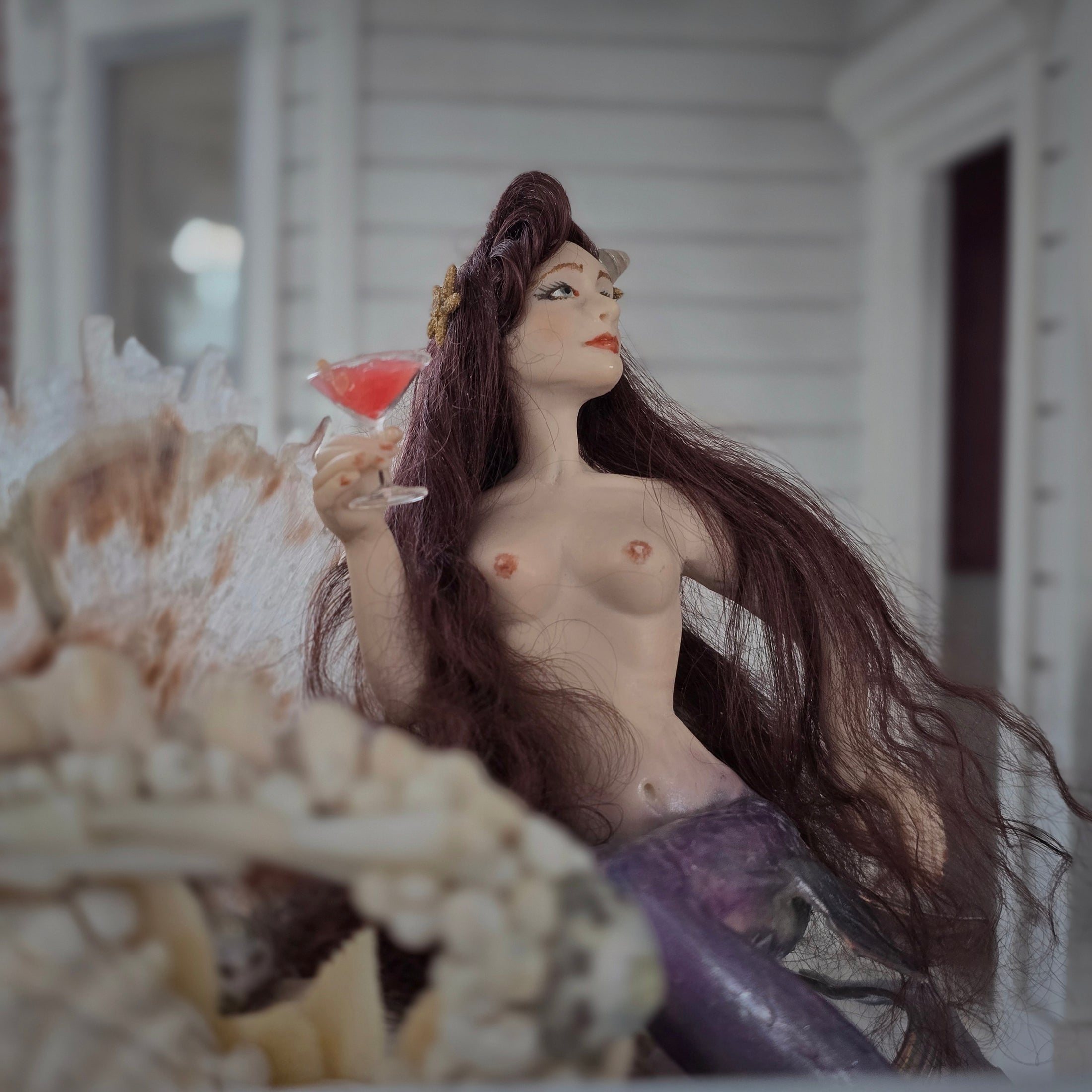 Sitting Mermaid Porcelain Doll with Iridescent Tail, Bespaq Barstool, Sipping a Martini