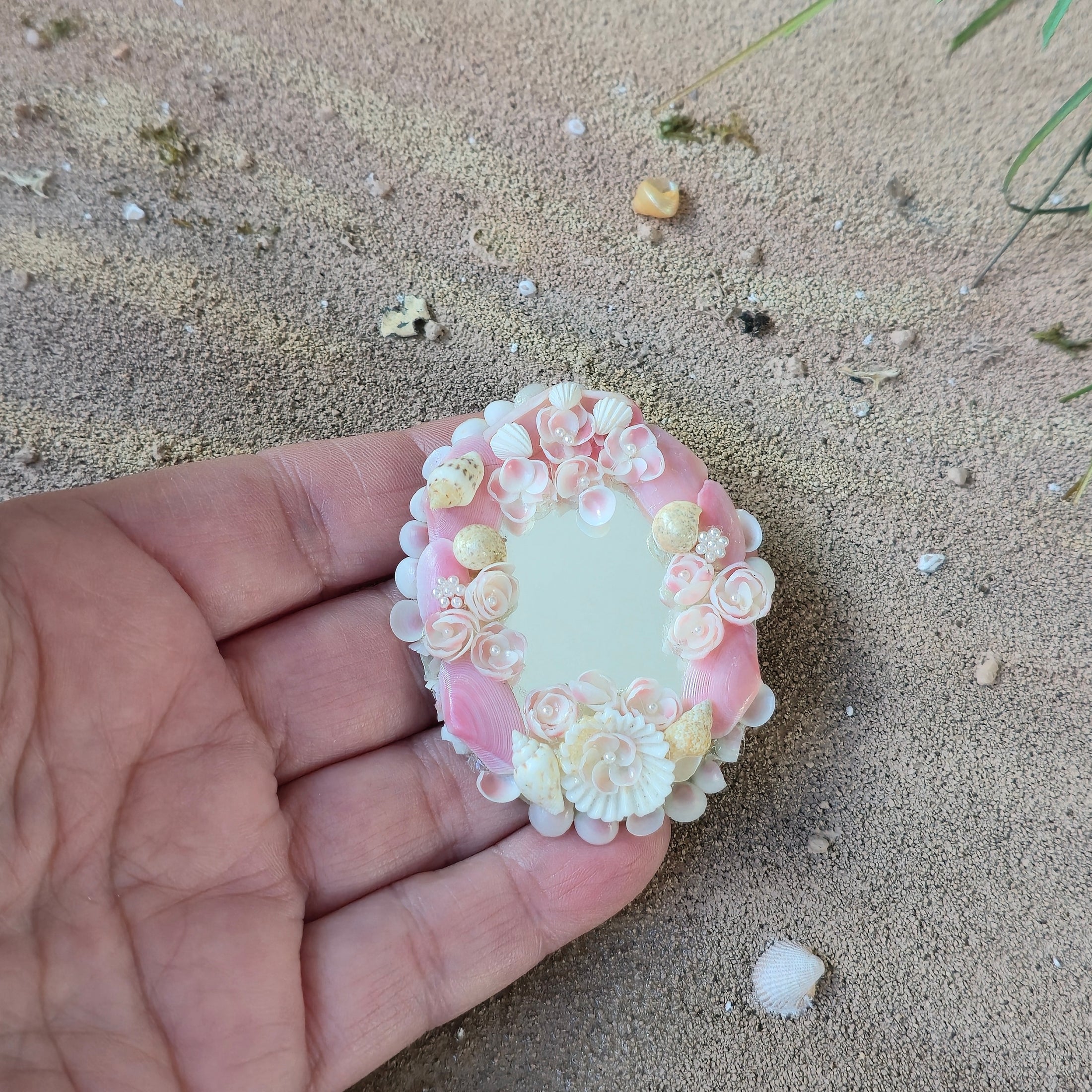 Artisan Sailors’ Valentine Pink Shells & Pearls Mirror Signed CRH 2017