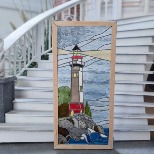 Lighthouse Real Stained Glass Window Panel Architectural Element